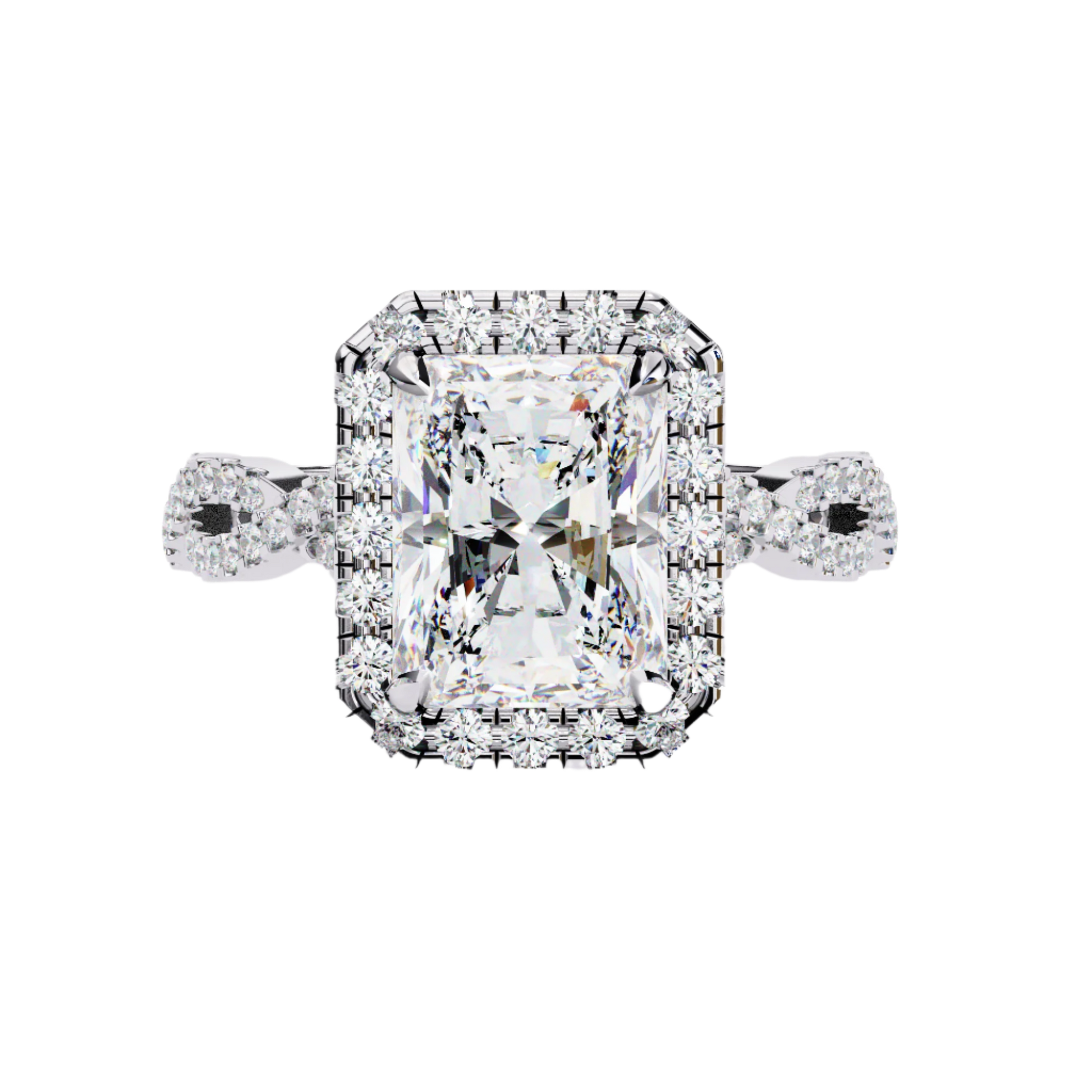Sasha — Radiant cut lab grown and natural diamond engagement ring — halo, cathedral, twisted, split shank — 18k white gold and platinum — Carat House