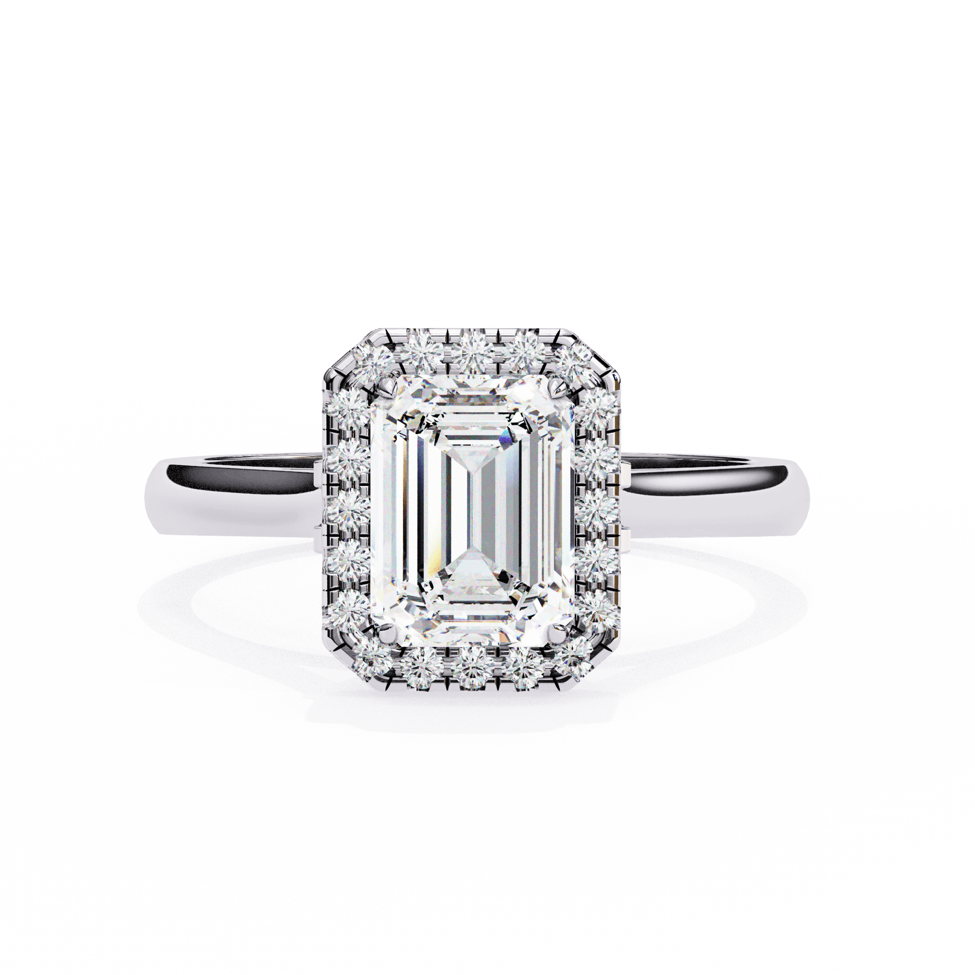 Elysia — Emerald cut lab grown and natural diamond engagement ring — halo, cathedral — 18k white gold and platinum — Carat House