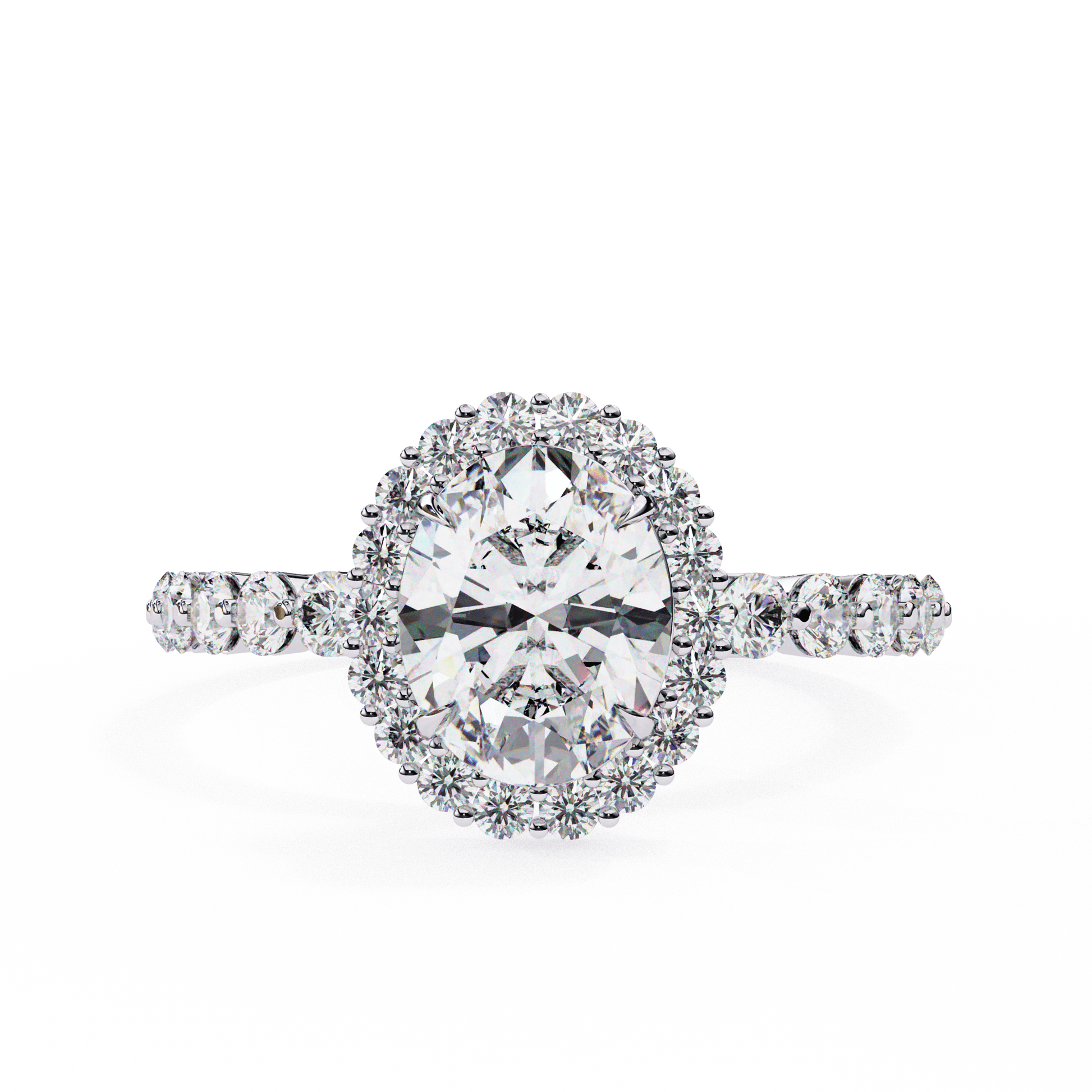 Clarisse — Oval cut lab grown and natural diamond engagement ring — halo, side stones — 18k white gold and platinum — Carat House