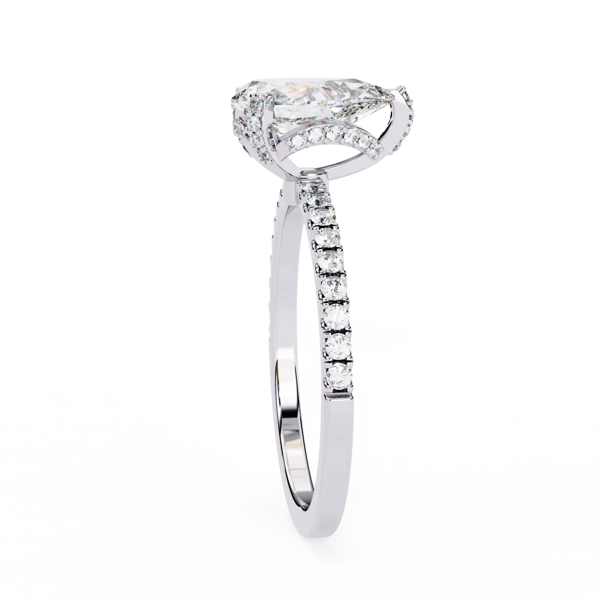 Destiny — Pear cut lab grown and natural diamond engagement ring — hidden halo, halo, pavé band — Carat House
