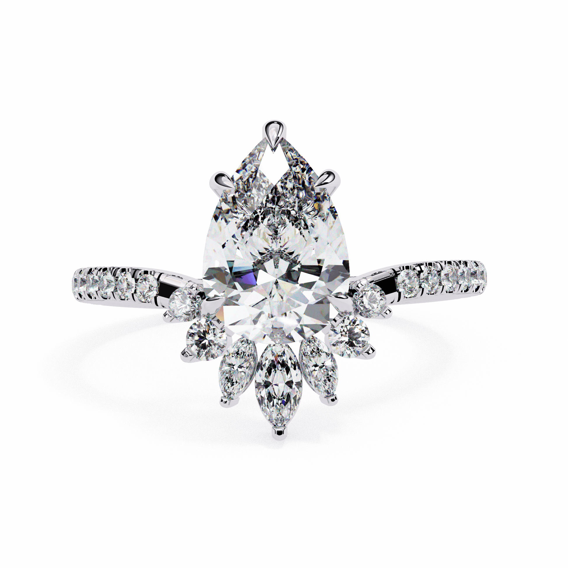 Marisa — Pear cut lab grown and natural diamond engagement ring — halo, side stones — 18k white gold and platinum — Carat House