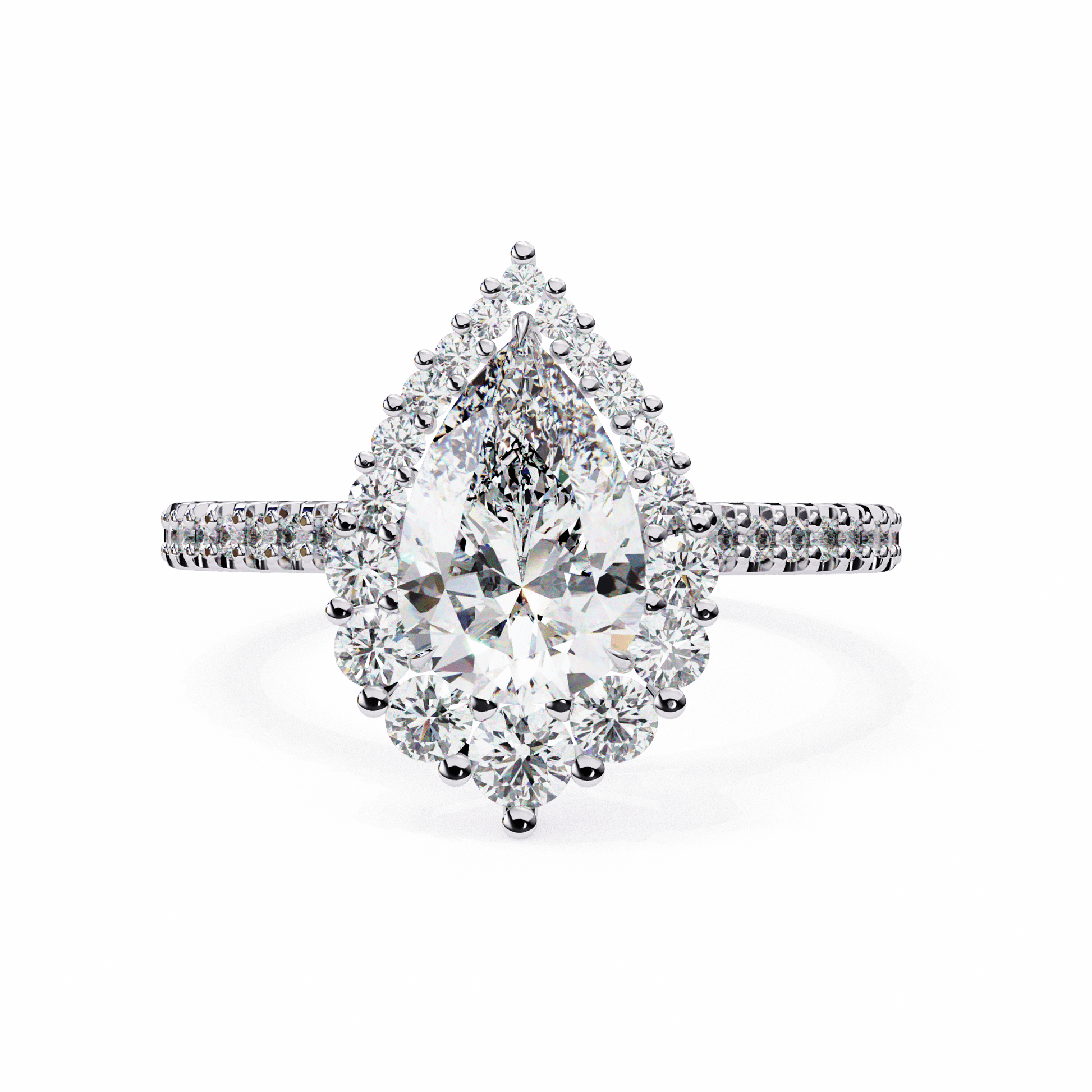 Angel — Pear cut lab grown and natural diamond engagement ring — halo, cathedral, side stones — 18k white gold and platinum — Carat House