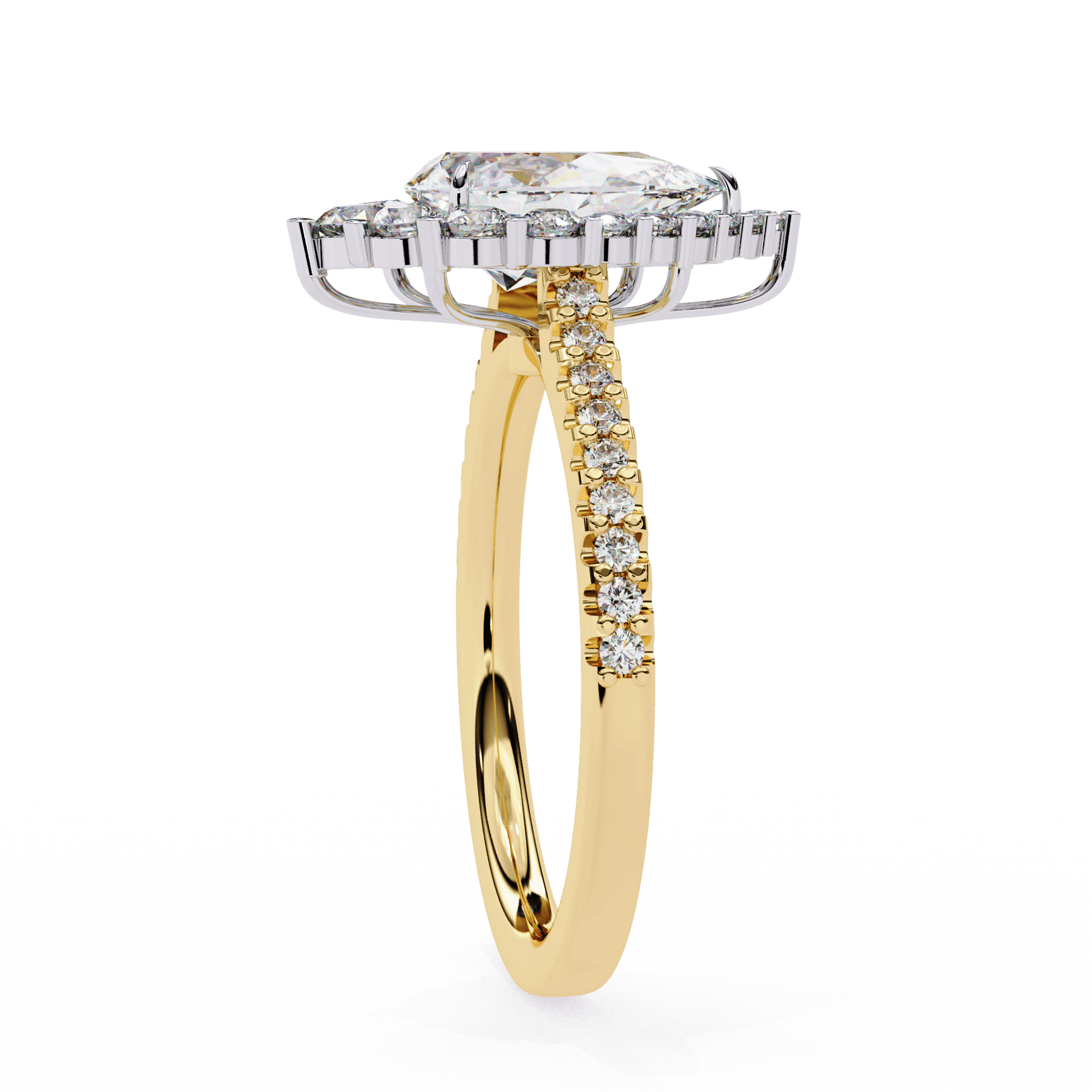 Angel — Pear cut lab grown and natural diamond engagement ring — halo, cathedral, side stones — Carat House