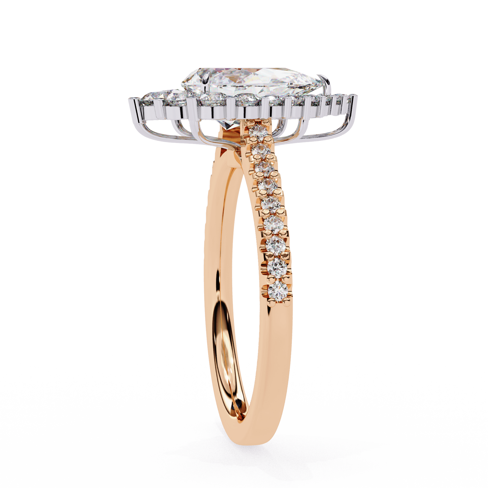 Angel — Pear cut lab grown and natural diamond engagement ring — halo, cathedral, side stones — Carat House