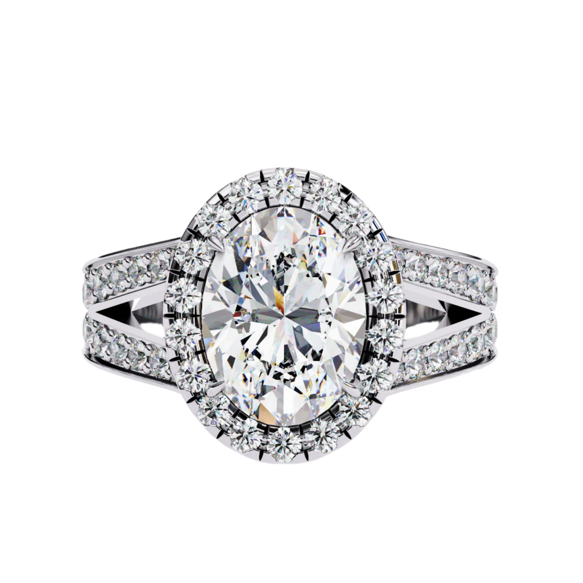 Eliza — Oval cut lab grown and natural diamond engagement ring — halo, cathedral, split shank — 18k white gold and platinum — Carat House
