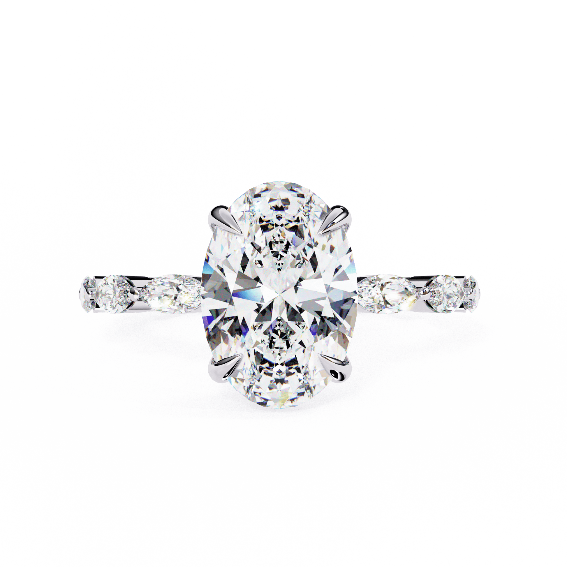 Ember — Oval cut lab grown and natural diamond engagement ring, side stones — 18k white gold and platinum — Carat House