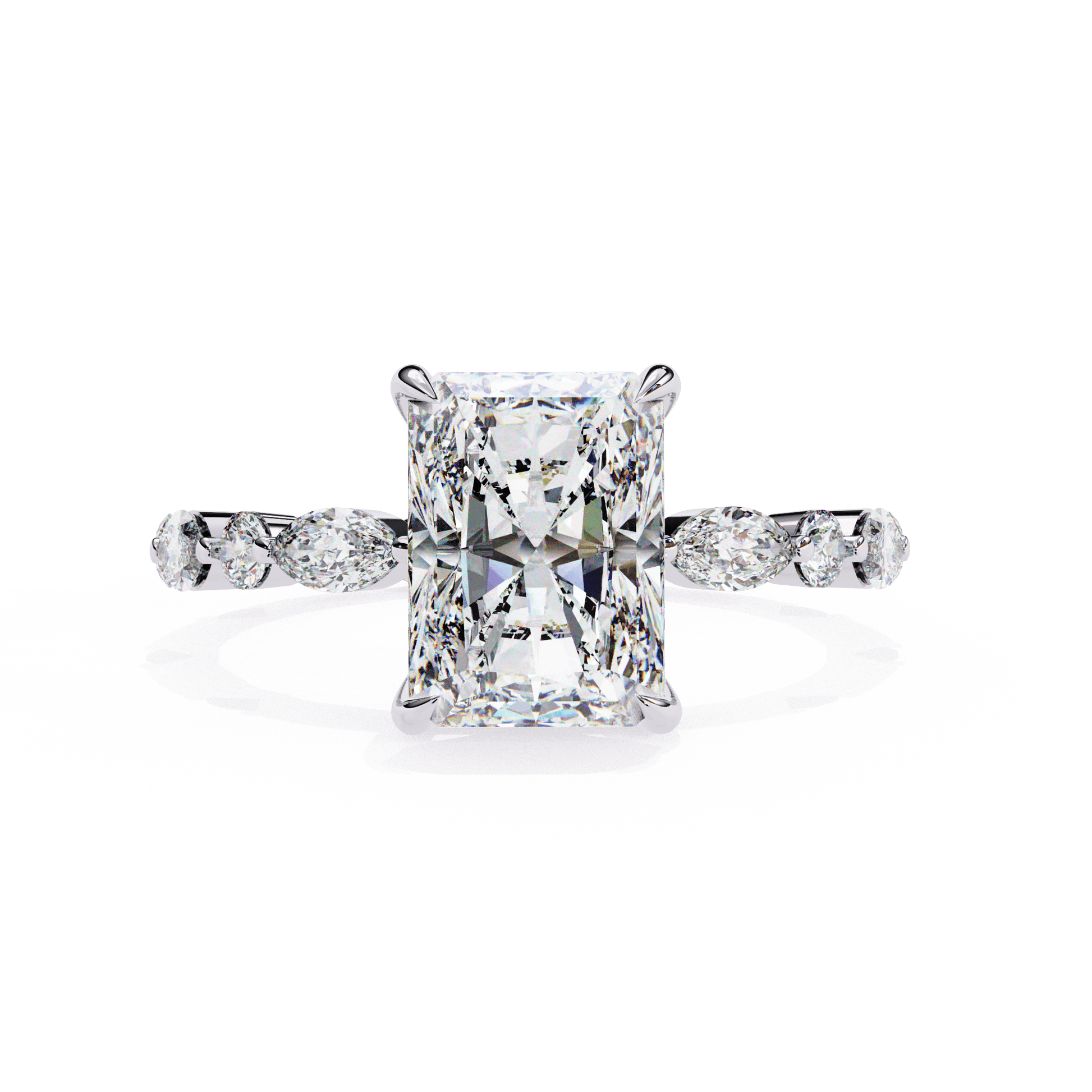 Stella — Radiant cut lab grown and natural diamond engagement ring, side stones — 18k white gold and platinum — Carat House