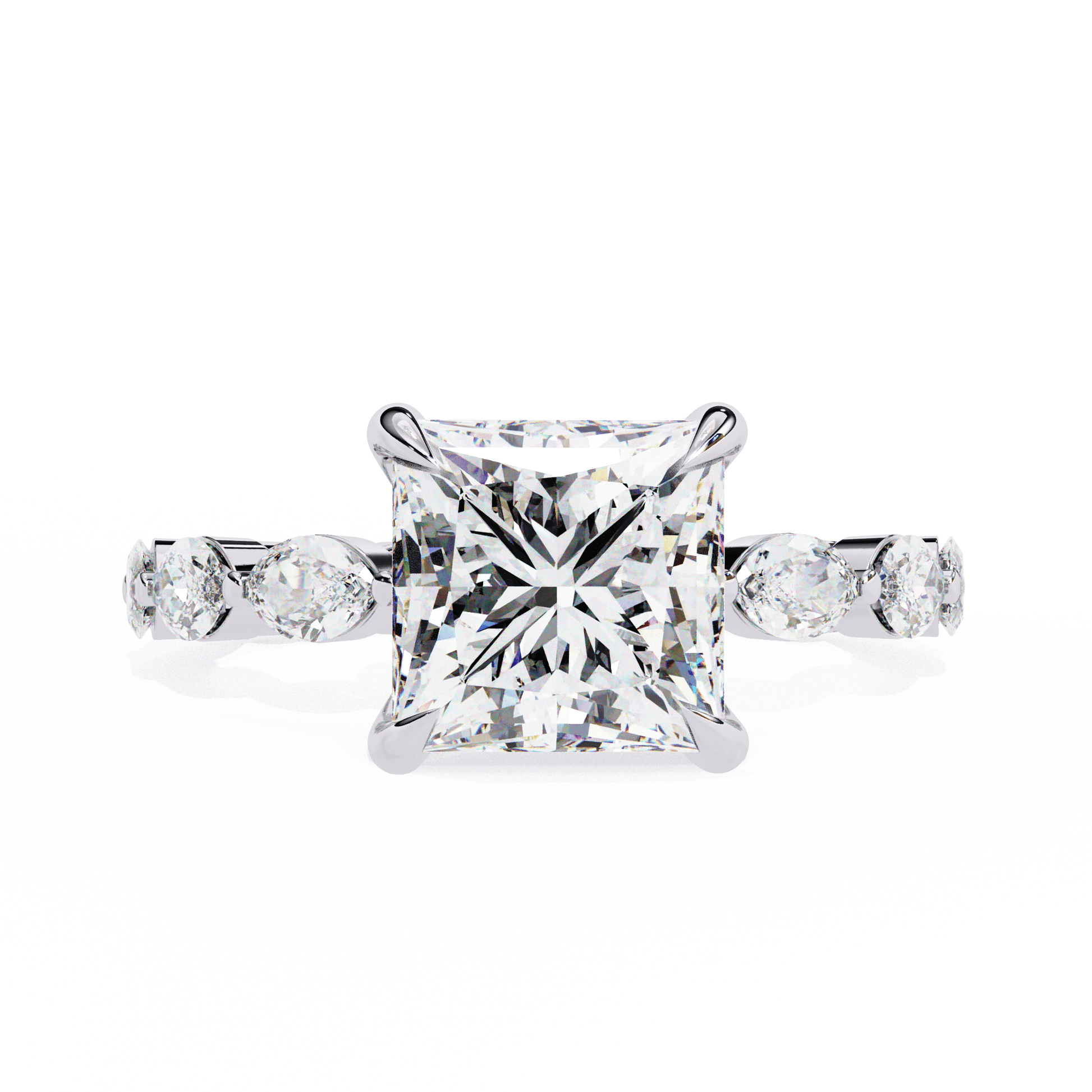 Nikola — Princess cut lab grown and natural diamond engagement ring, side stones — 18k white gold and platinum — Carat House