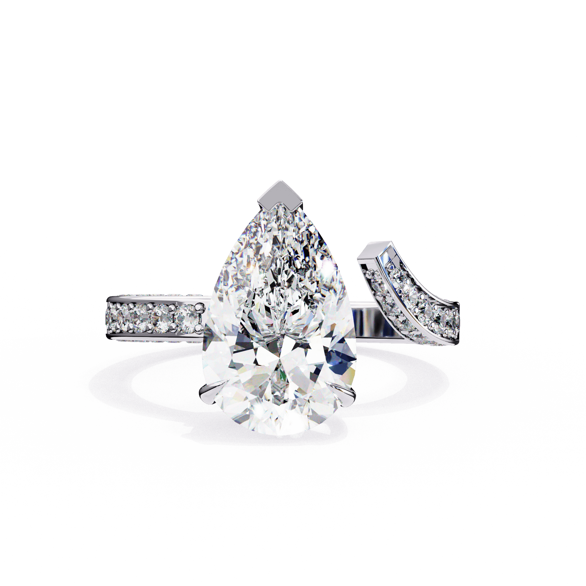 Aria — Pear cut lab grown and natural diamond engagement ring — split shank — 18k white gold and platinum — Carat House