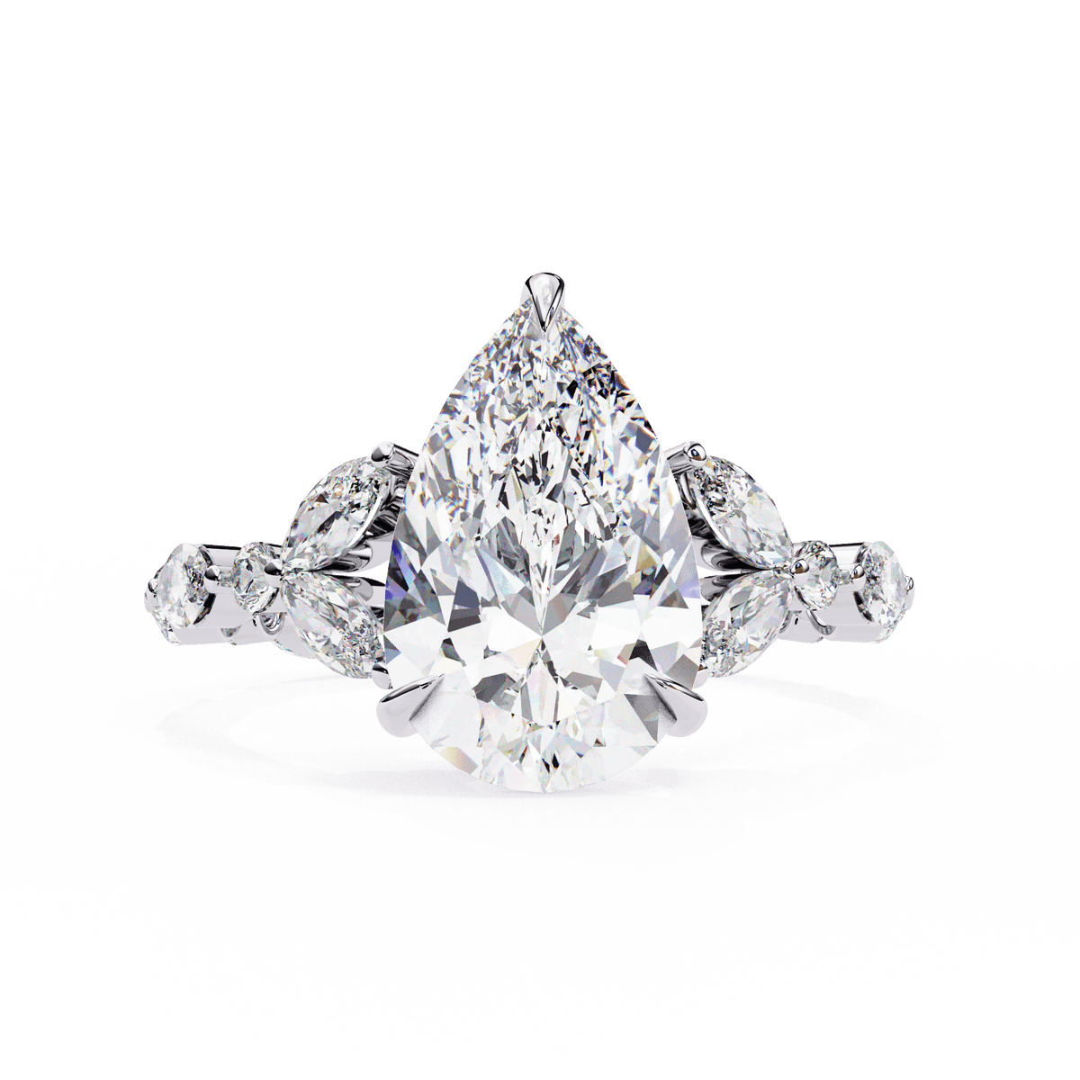Sydney — Pear cut lab grown and natural diamond engagement ring — marquise and round side stones — 18k white gold and platinum — Carat House