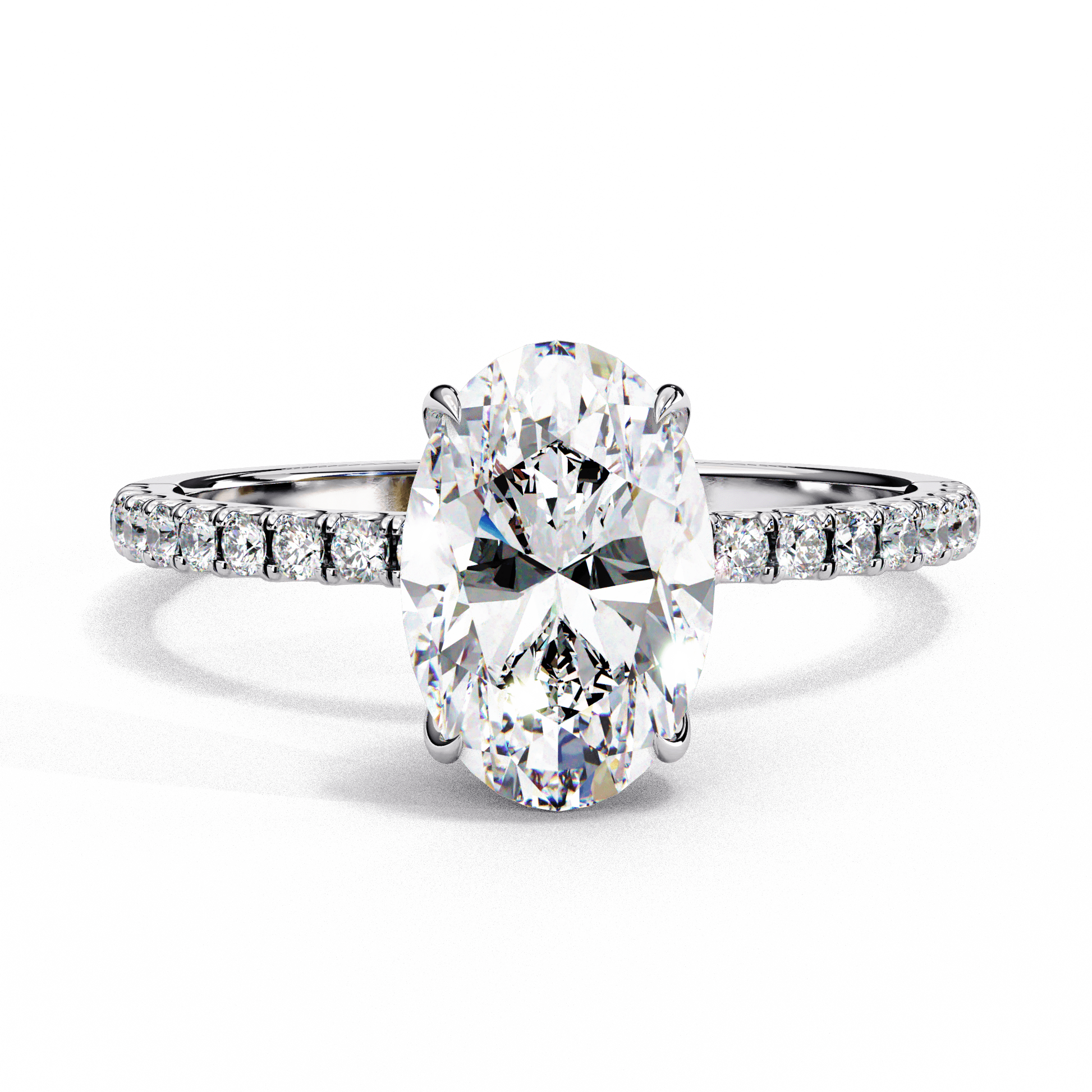 Rana — Oval cut lab grown and natural diamond engagement ring — hidden halo, halo, half pavé — 18k white gold and platinum — Carat House