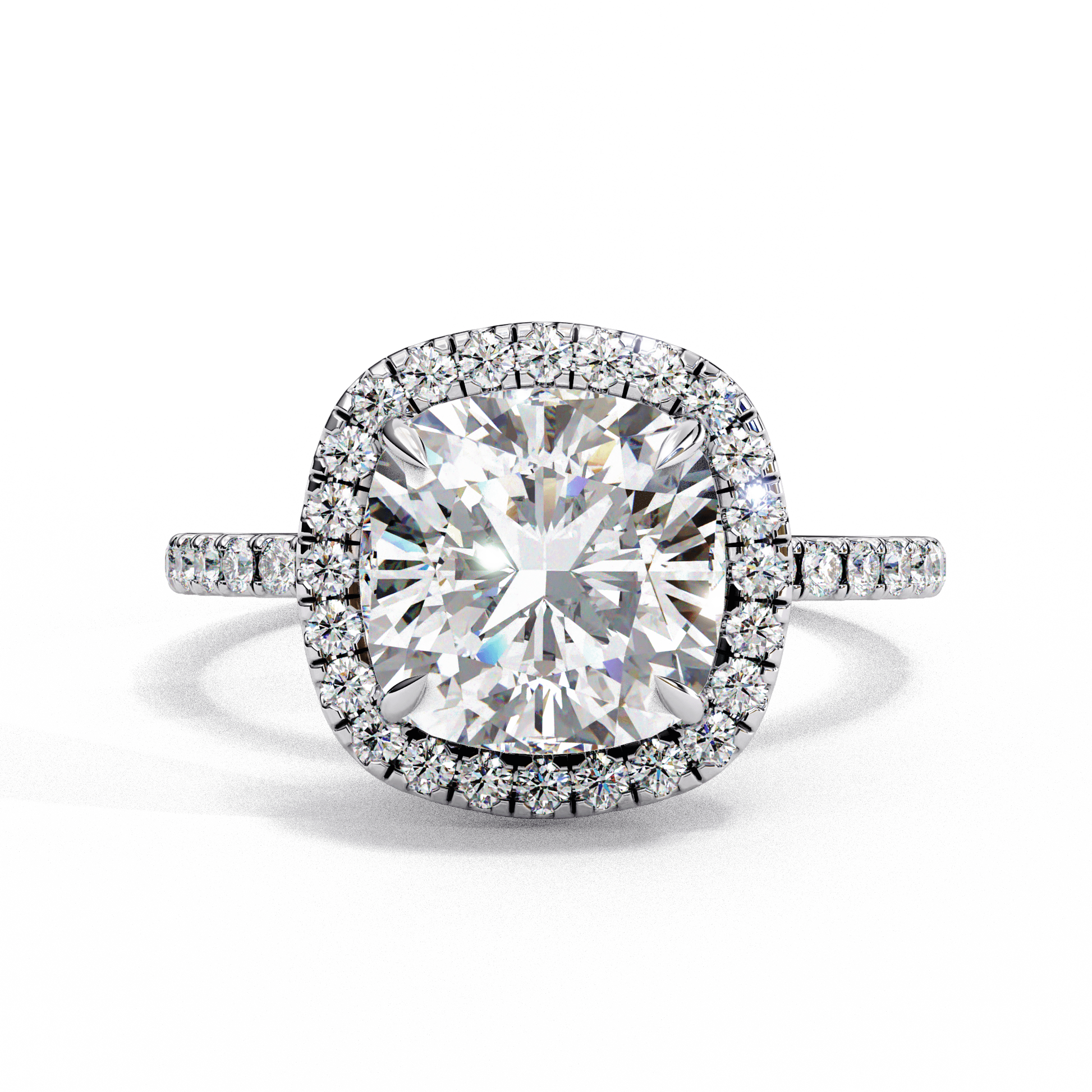 Elena — Oval cut lab grown and natural diamond engagement ring — halo, half pavé band — 18k white gold and platinum — Carat House