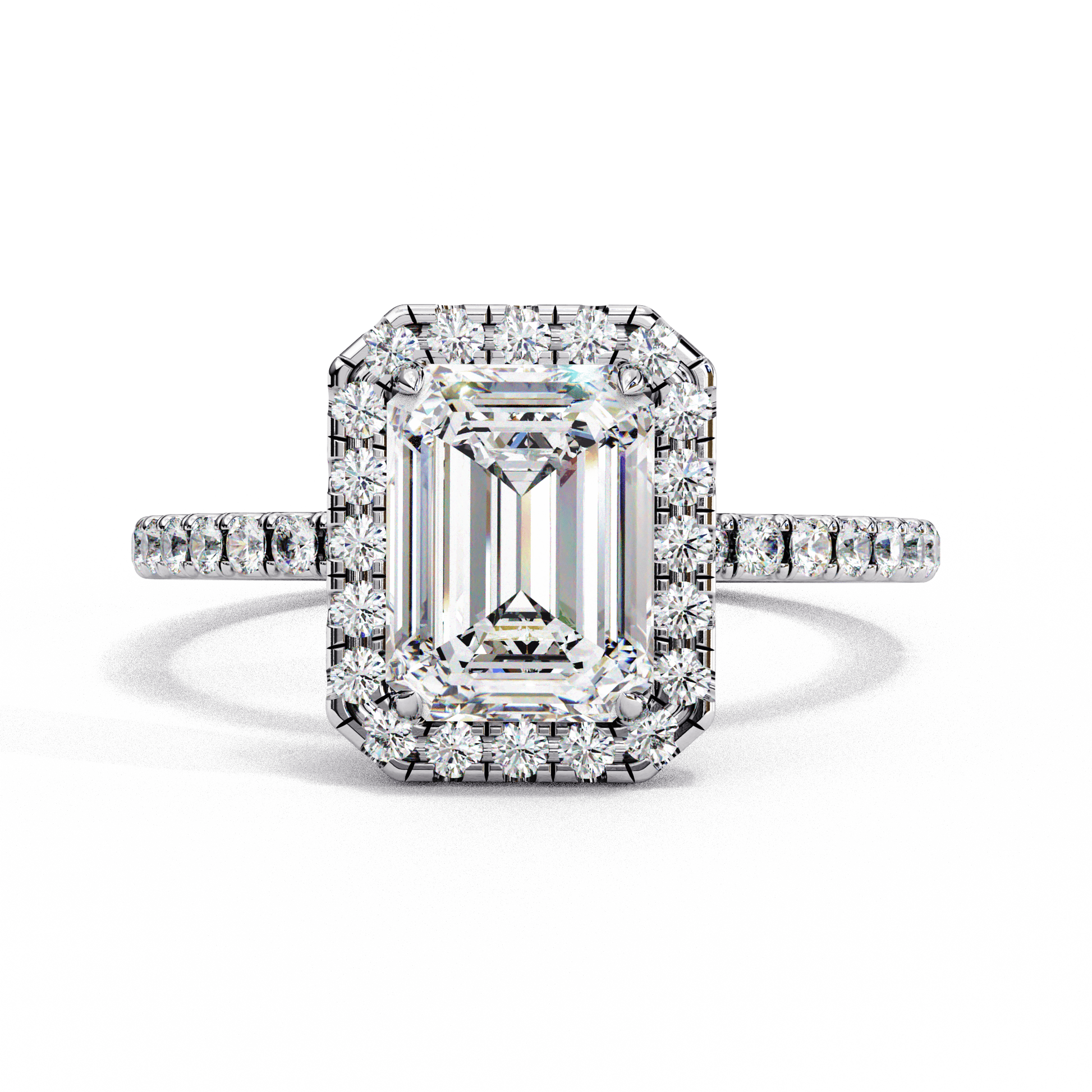 Avalon — Emerald cut lab grown and natural diamond engagement ring — halo, half pavé, pavé band — 18k white gold and platinum — Carat House