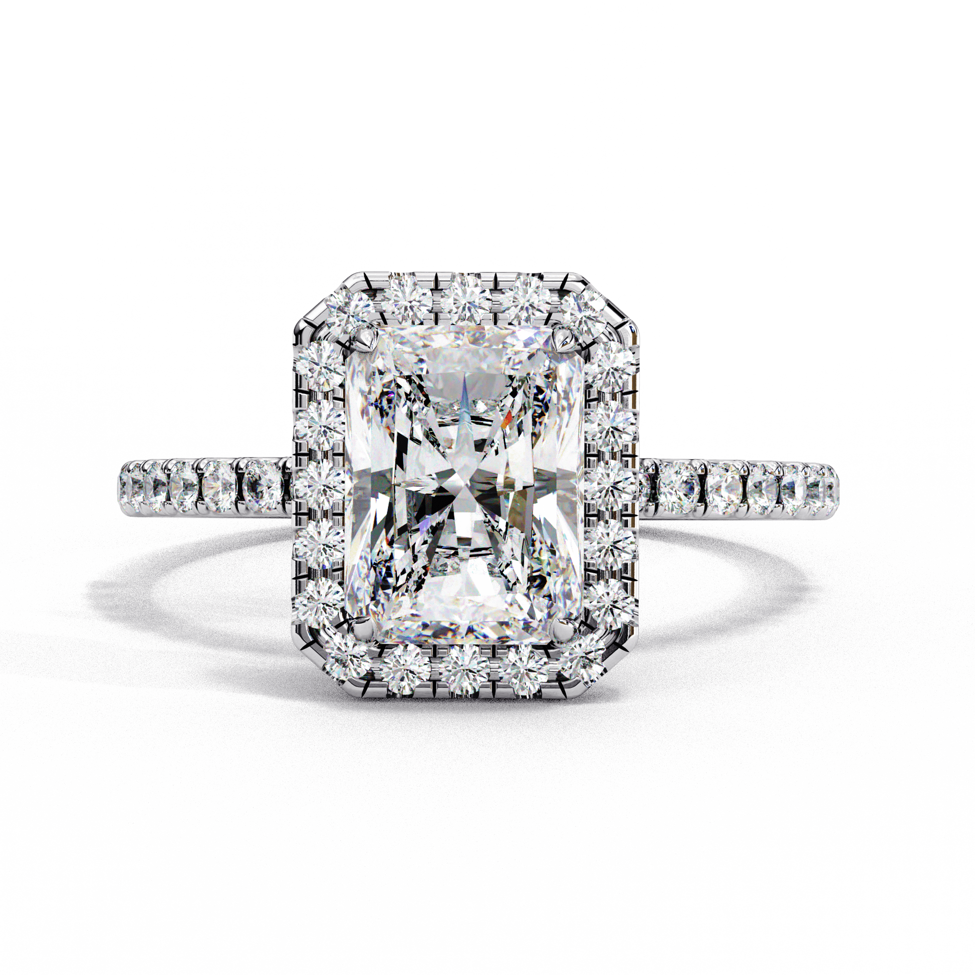 Althea — Radiant cut lab grown and natural diamond engagement ring — halo, half pavé, pavé band — 18k white gold and platinum — Carat House