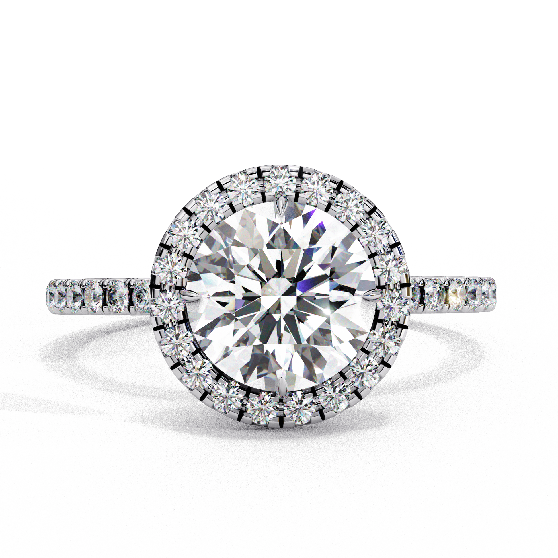 June — Round cut lab grown and natural diamond engagement ring — single halo, halo, four prong — 18k white gold and platinum — Carat House