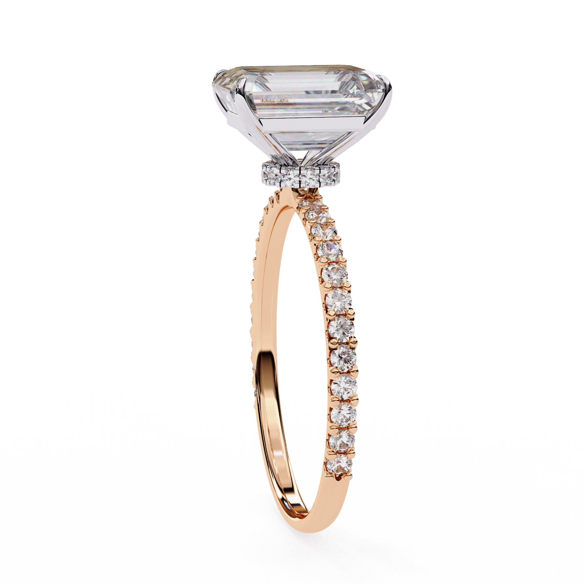 Pearl — Emerald cut lab grown and natural diamond engagement ring — hidden halo, halo, pavé band — Carat House