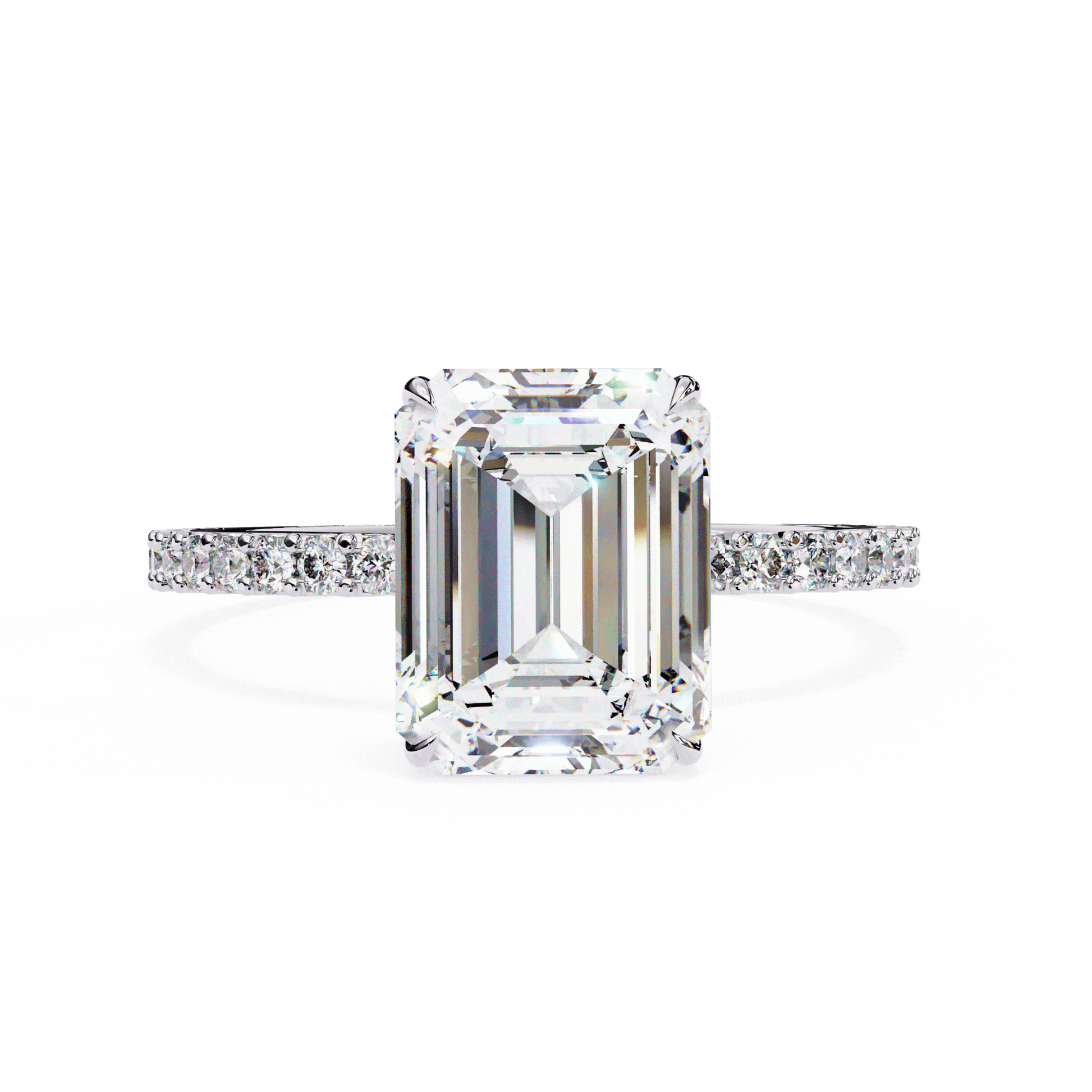 Pearl — Emerald cut lab grown and natural diamond engagement ring — hidden halo, halo, pavé band — 18k white gold and platinum — Carat House