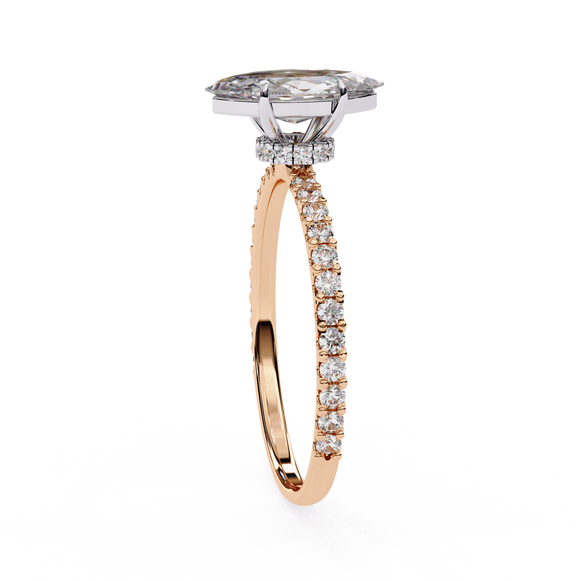 Ebony — Marquise cut lab grown and natural diamond engagement ring — hidden halo, halo, pavé band — Carat House