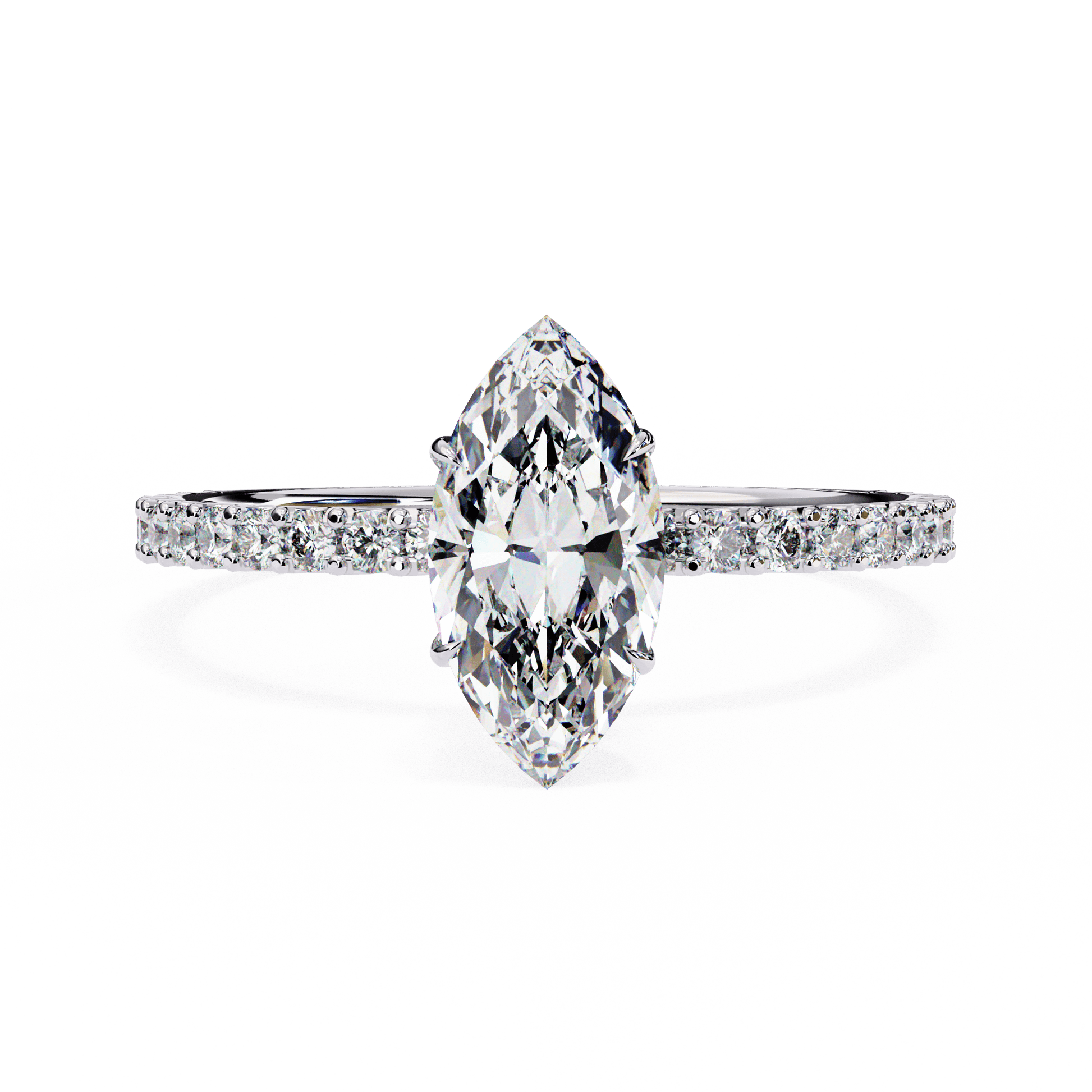 Ebony — Marquise cut lab grown and natural diamond engagement ring — hidden halo, halo, pavé band — 18k white gold and platinum — Carat House