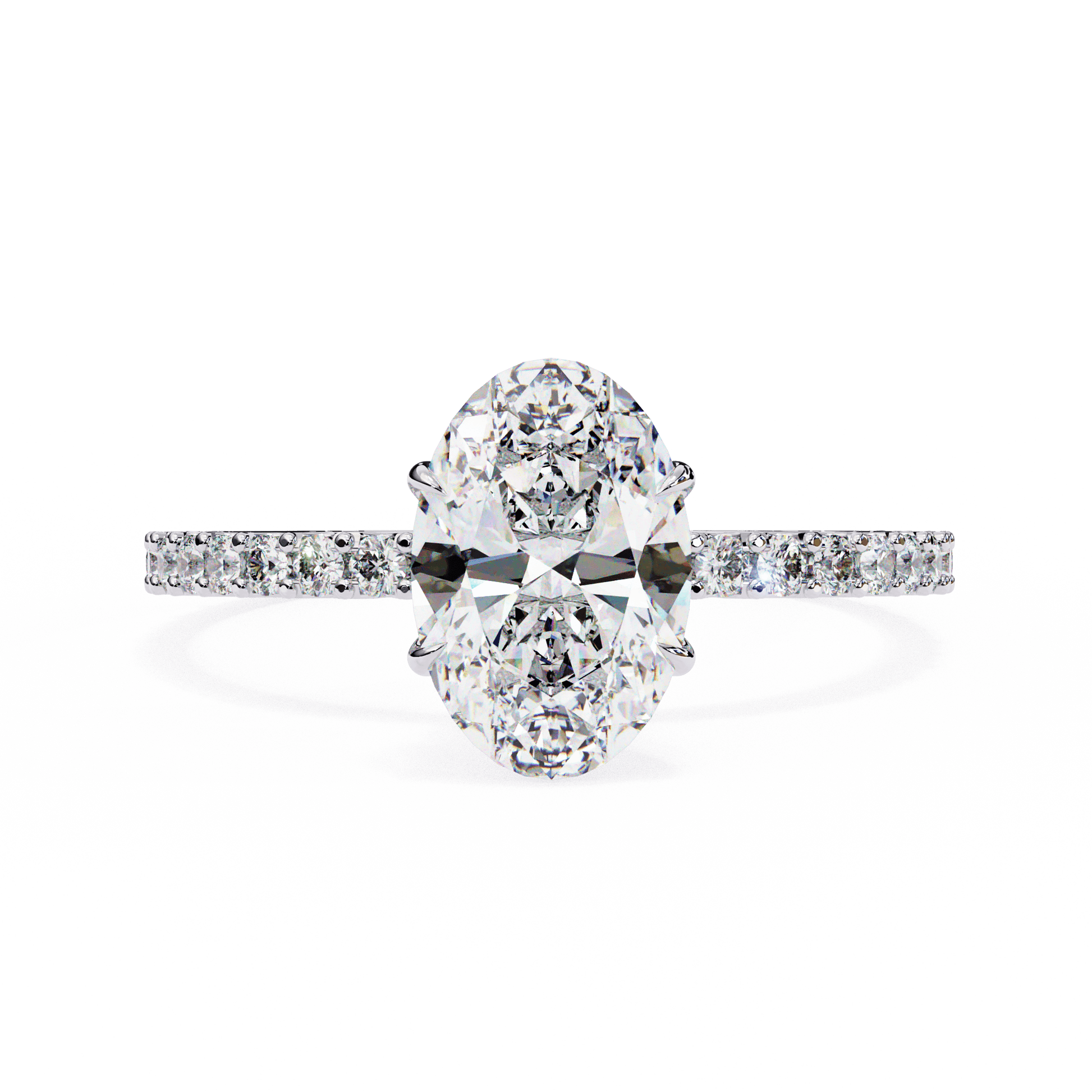 Dove — Oval cut lab grown and natural diamond engagement ring — hidden halo, halo, pavé band — 18k white gold and platinum — Carat House