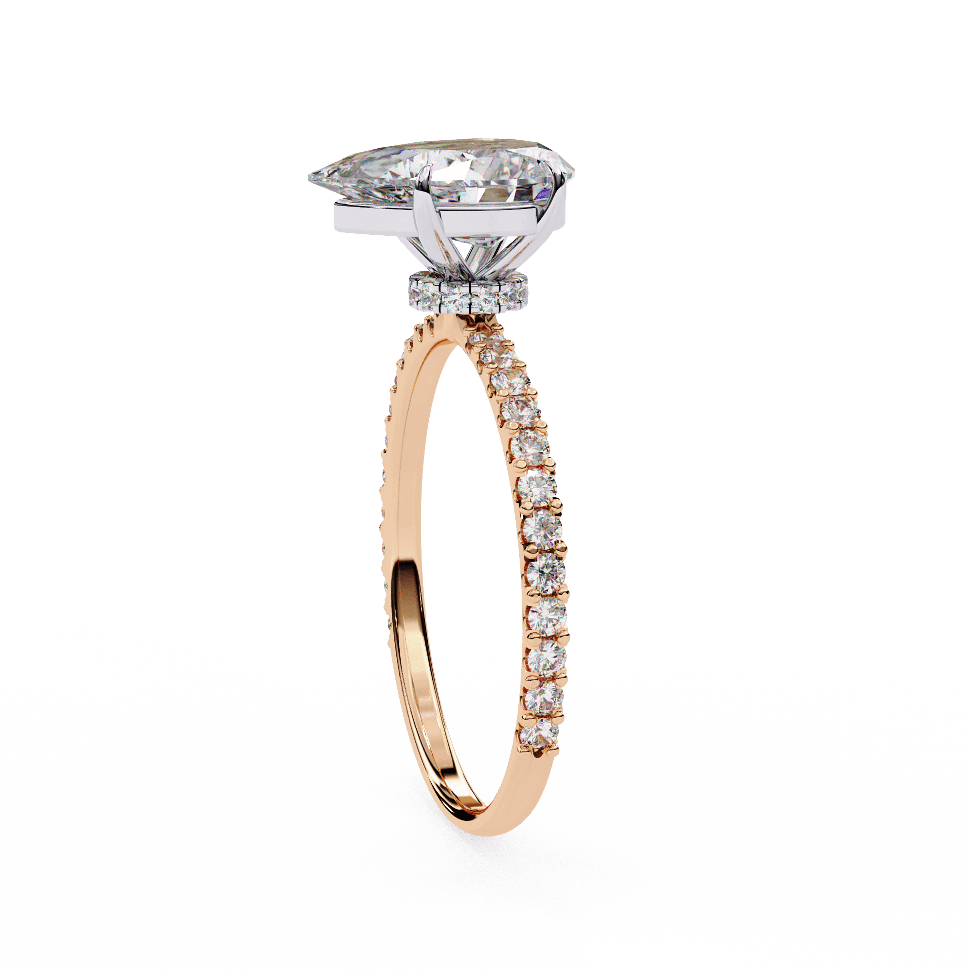 Blush — Pear cut lab grown and natural diamond engagement ring — hidden halo, halo, pavé band — Carat House