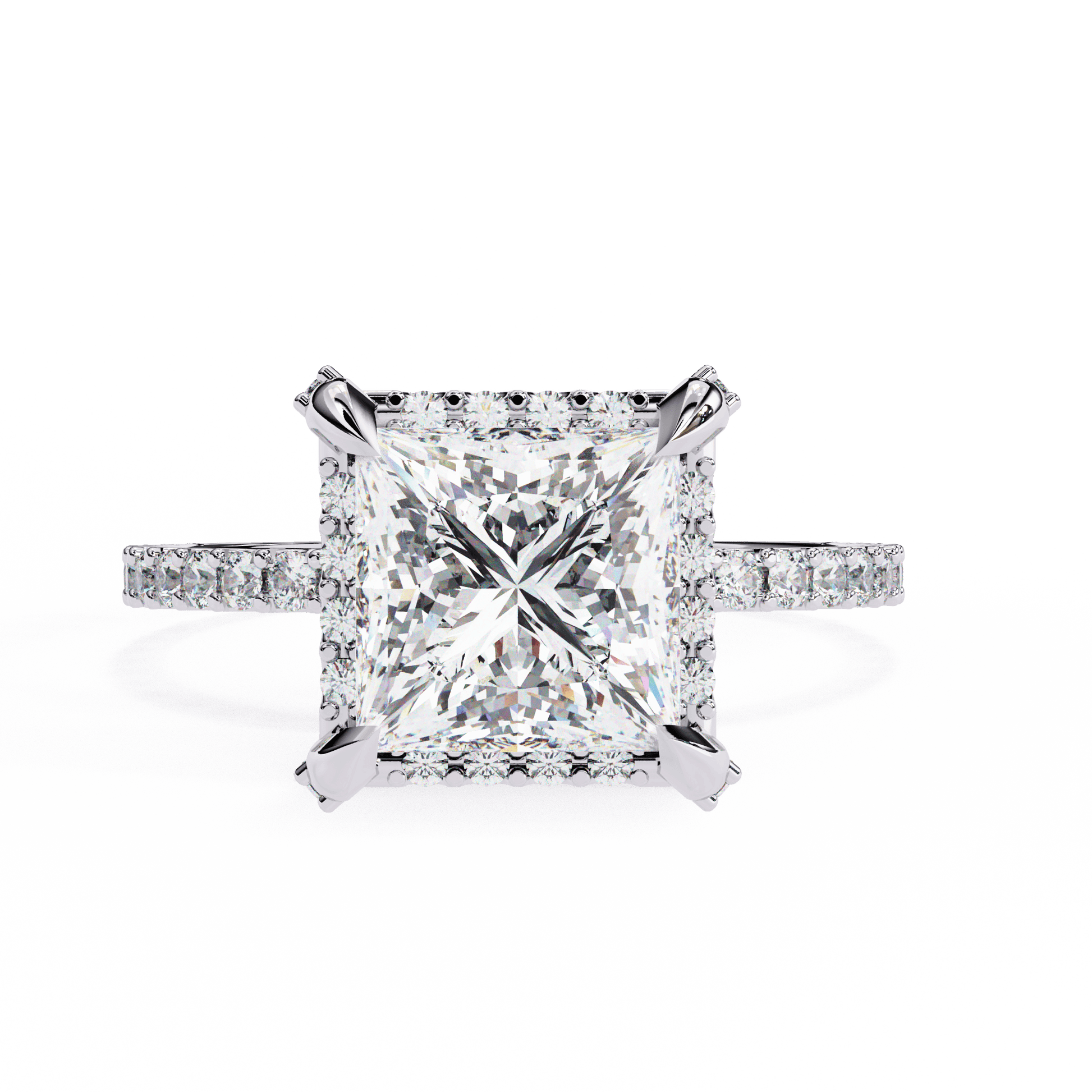 Synthia — Princess cut lab grown and natural diamond engagement ring — hidden halo, halo, pavé band — 18k white gold and platinum — Carat House
