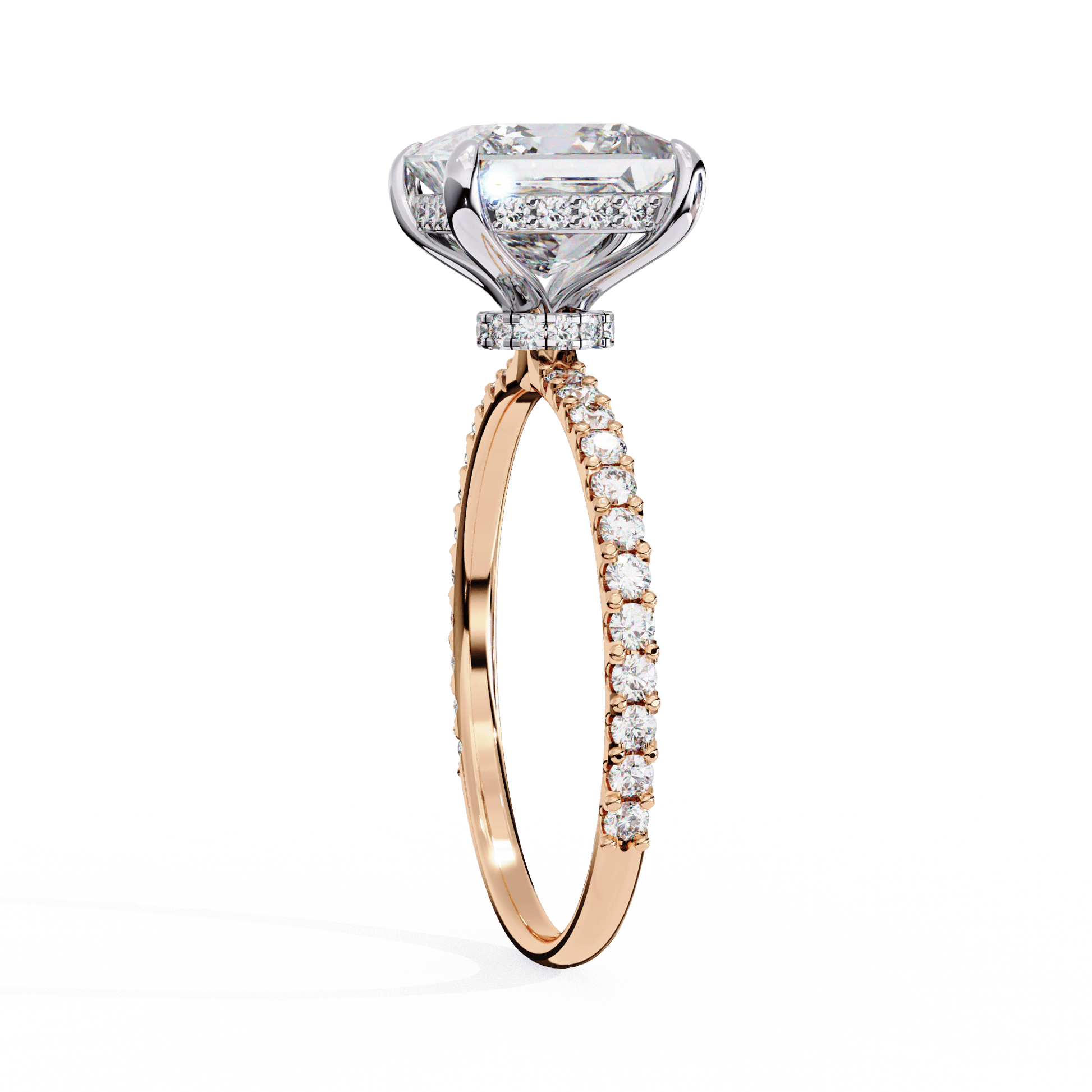 Helena — Princess cut lab grown and natural diamond engagement ring — hidden halo, halo, pavé band — Carat House