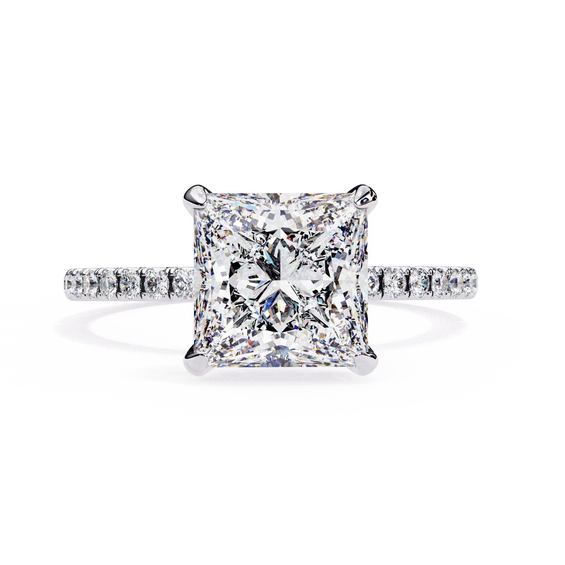 Cleo — Princess cut lab grown and natural diamond engagement ring — hidden halo, halo, pavé band — 18k white gold and platinum — Carat House