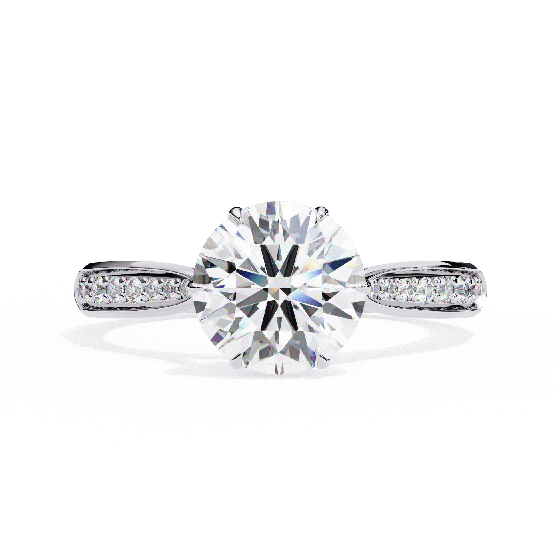 Rhiannon — Round cut lab grown and natural diamond engagement ring — cathedral, pavé band — 18k white gold and platinum — Carat House