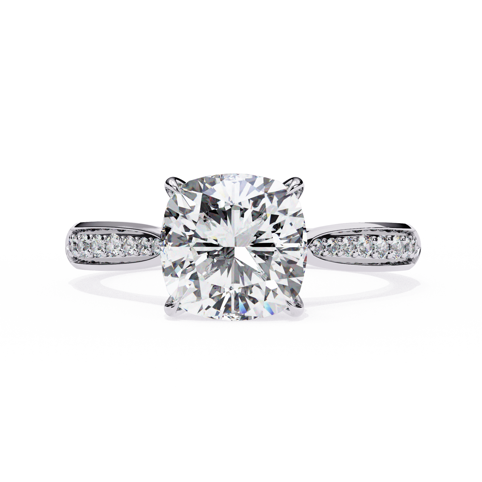 Viviana — Cushion cut lab grown and natural diamond engagement ring — cathedral, pavé band — 18k white gold and platinum — Carat House