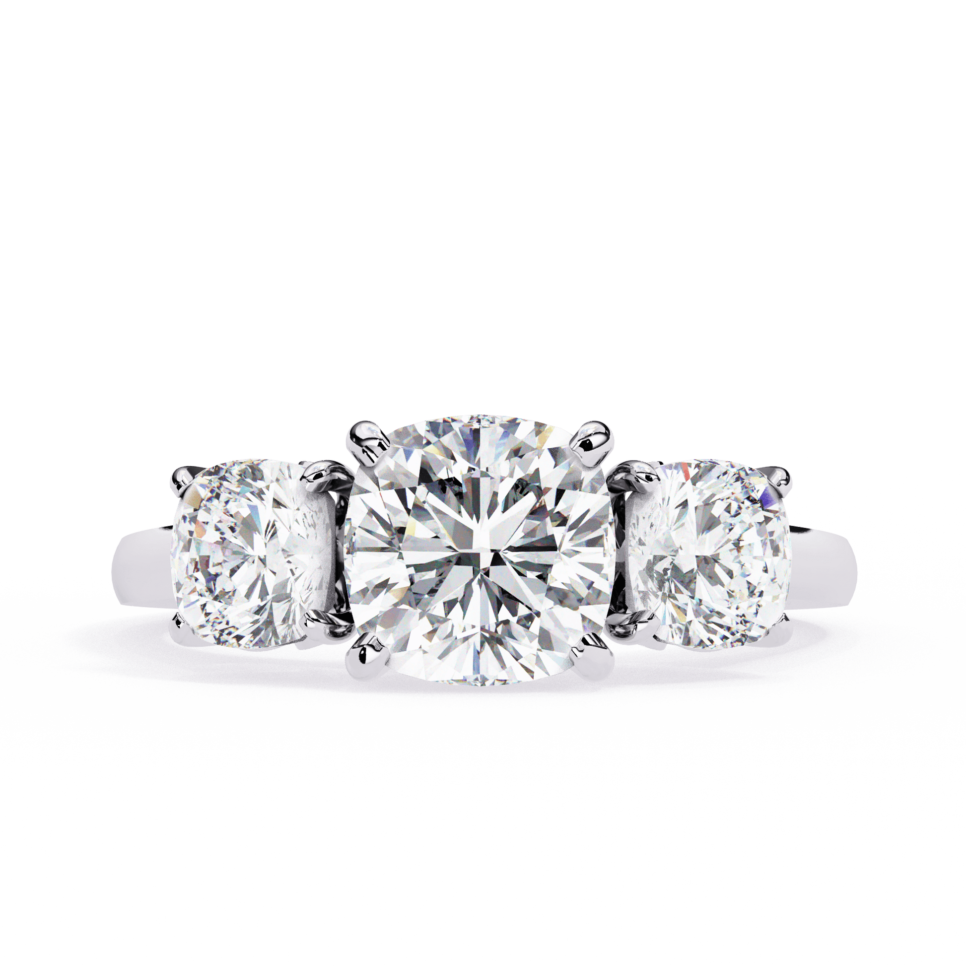 Zariah — Cushion cut lab grown and natural diamond engagement ring — trilogy three stone — 18k white gold and platinum — Carat House