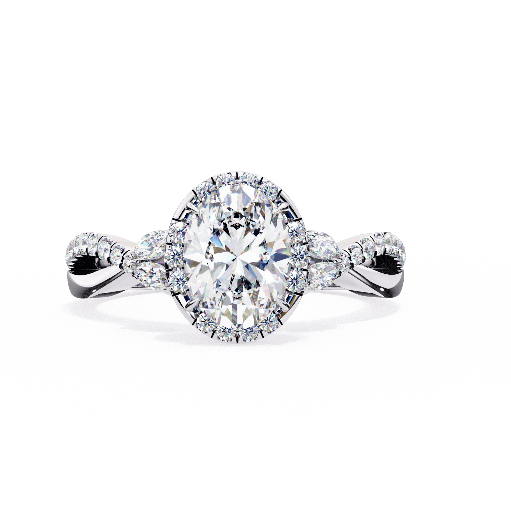 Ivy — Oval cut lab grown and natural diamond engagement ring — halo, split shank — 18k white gold and platinum — Carat House