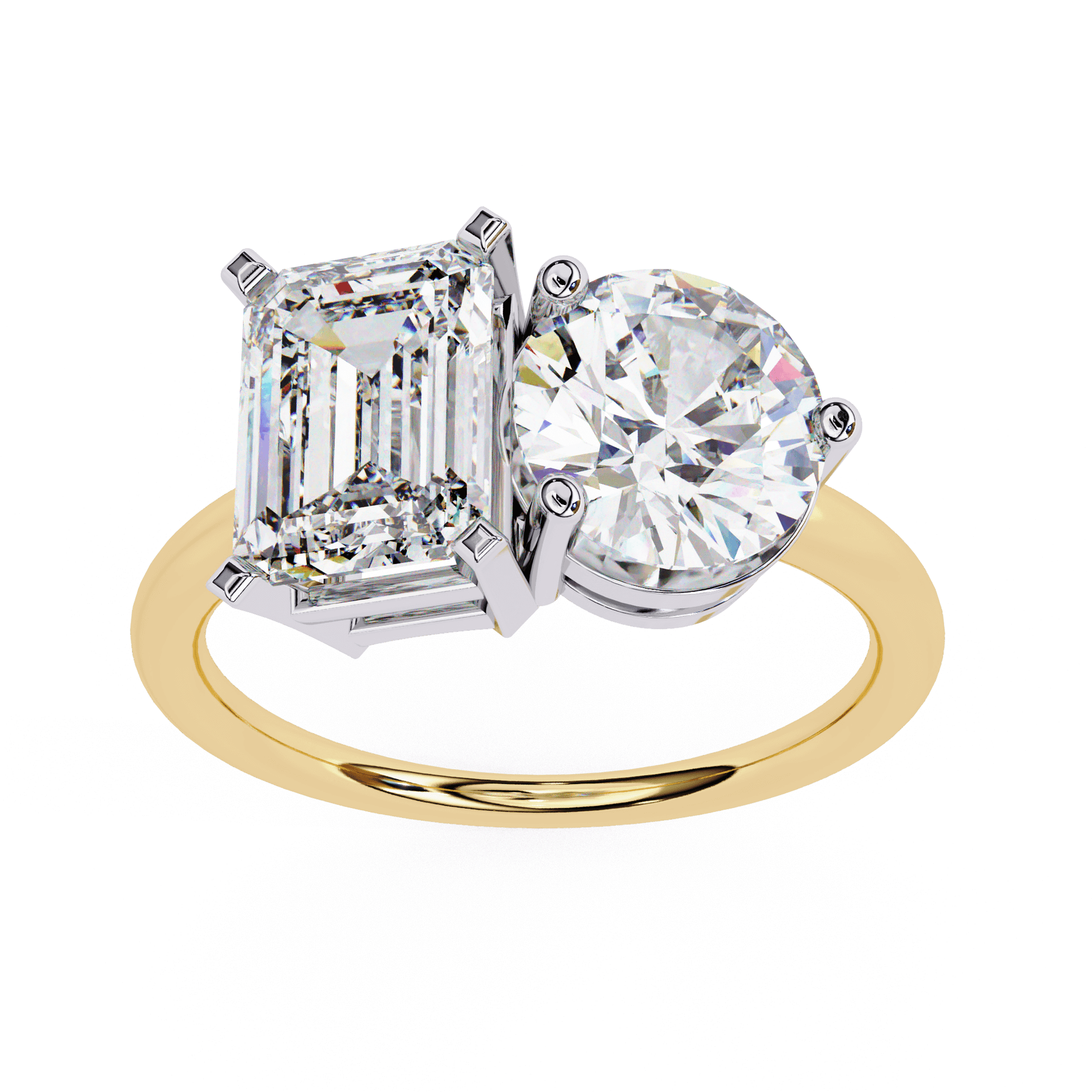 Rhea — Emerald and round cut lab grown and natural diamond engagement ring — toi moi two stone — Carat House