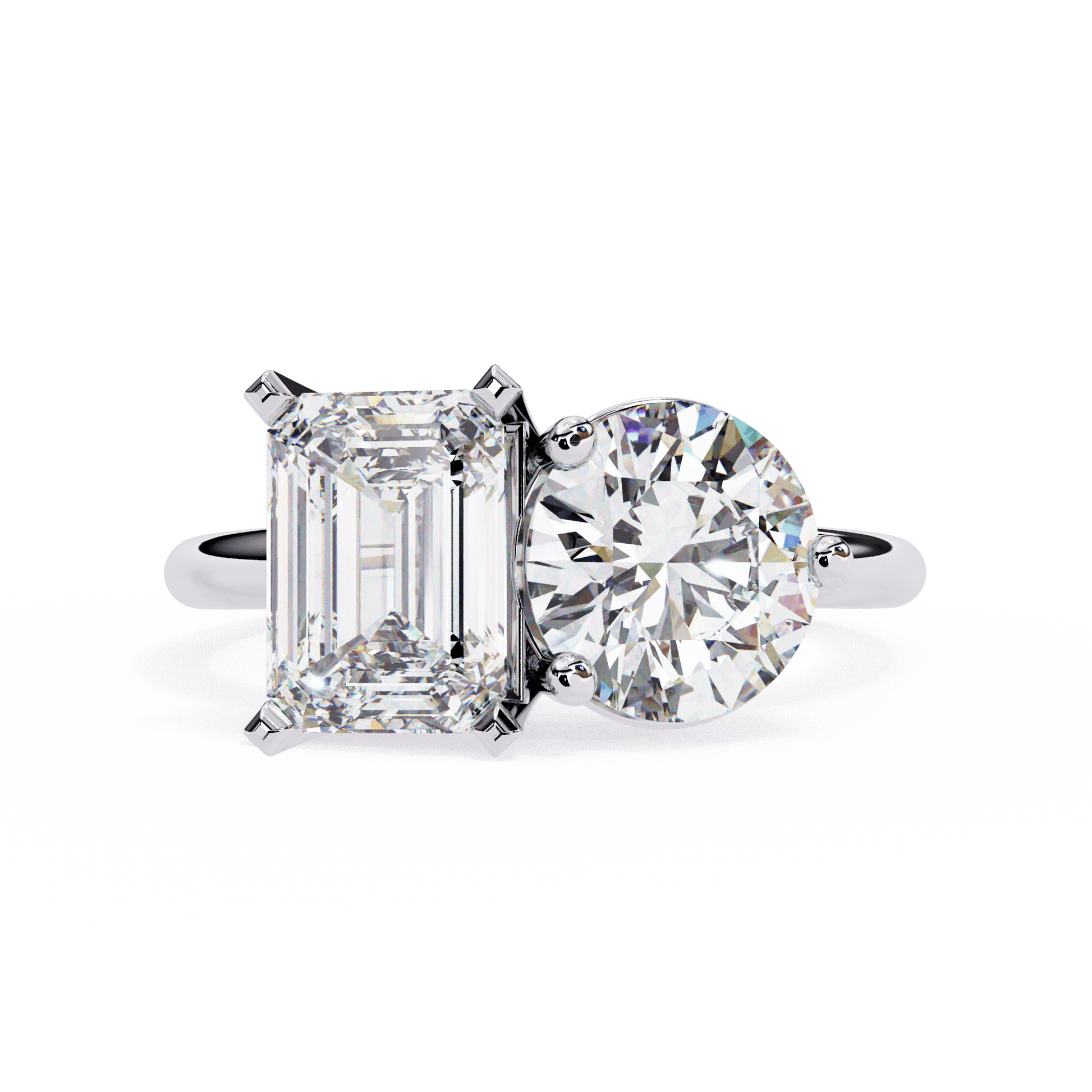 Rhea — Emerald and round cut lab grown and natural diamond engagement ring — toi moi two stone — 18k white gold and platinum — Carat House
