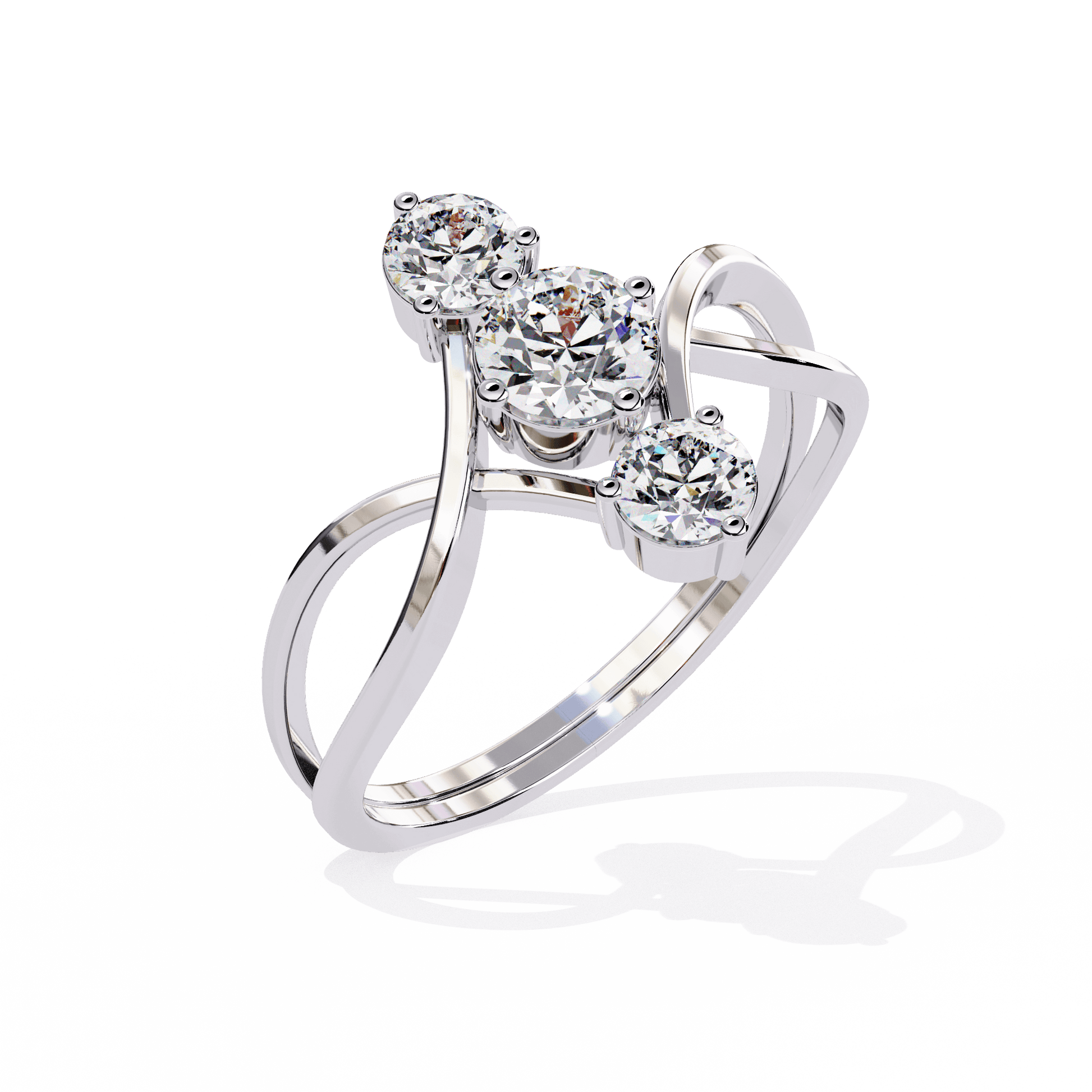 Danica three-stone round diamond bypass ring by Carat House Dubai, featuring sparkling diamonds in a elegant bypass design.