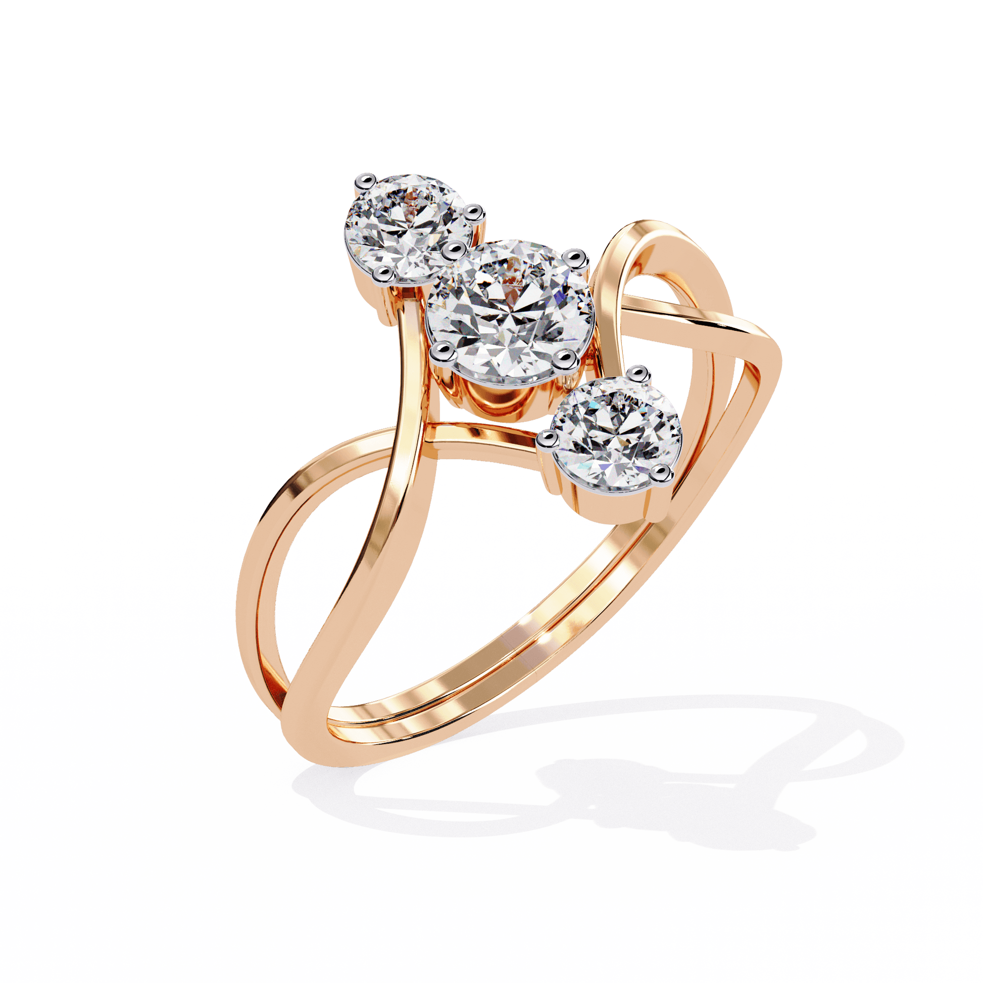Three-stone round diamond bypass ring by Carat House Dubai, showcasing sparkling diamonds and elegant gold band.