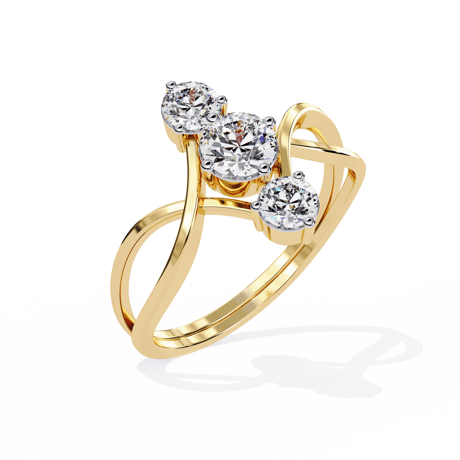 Danica three-stone round diamond bypass ring by Carat House Dubai, showcasing sparkling diamonds in a sleek gold band.