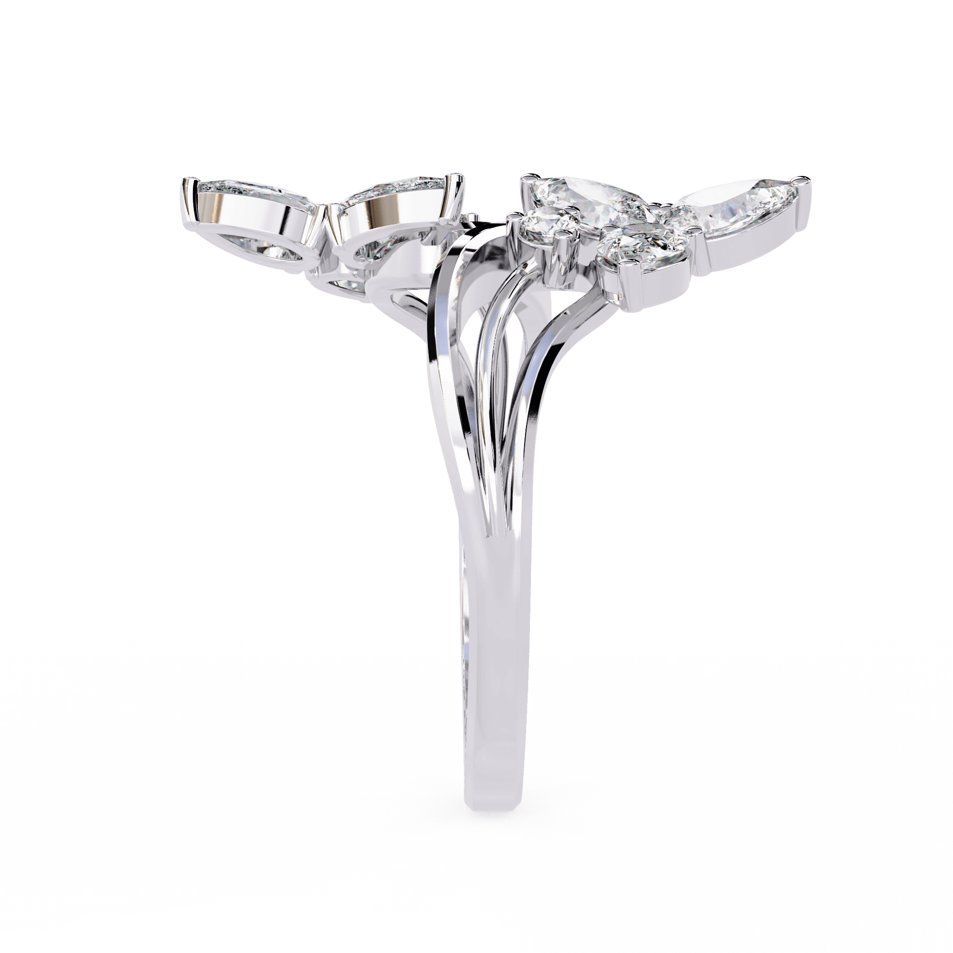 Alora floral diamond ring with pear-shaped stones and split band from Carat House Dubai, showcasing intricate design and sparkle.