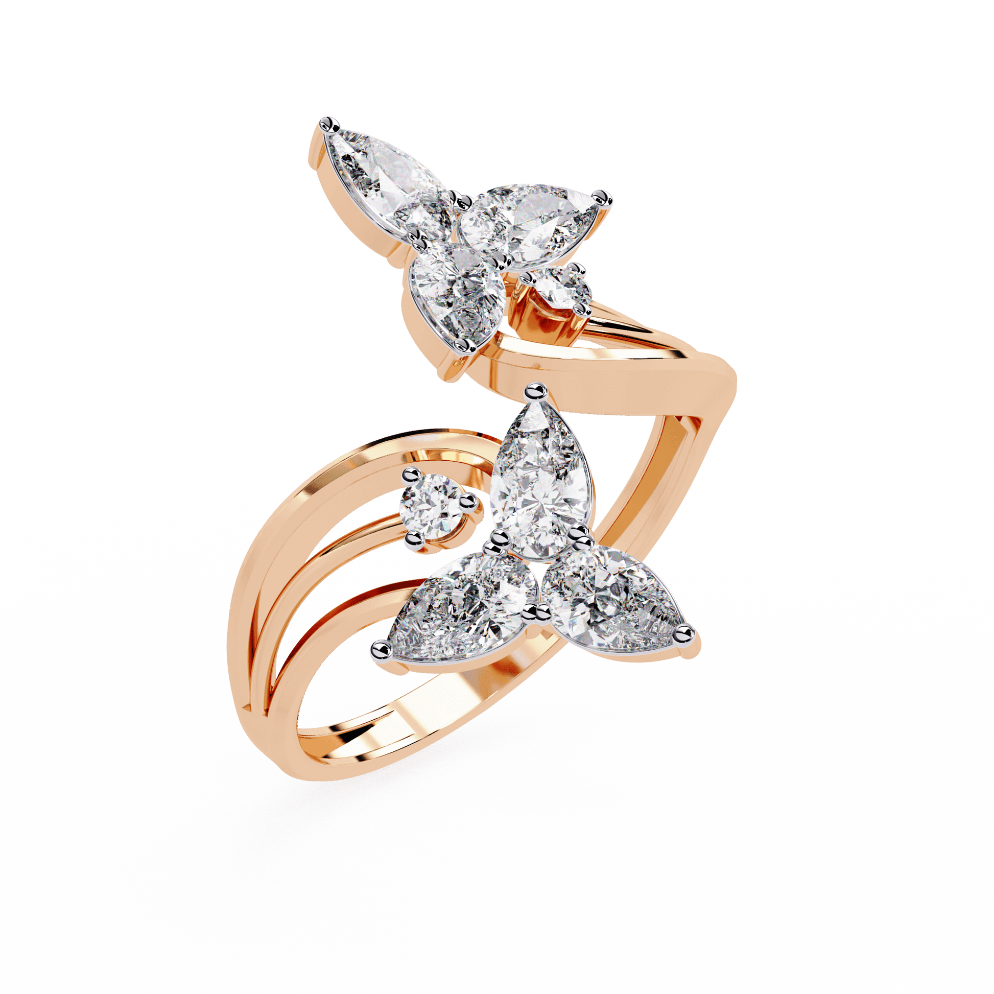 Alora floral diamond ring with pear-shaped stones and split band by Carat House Dubai, showcasing intricate floral design and sparkling gems.