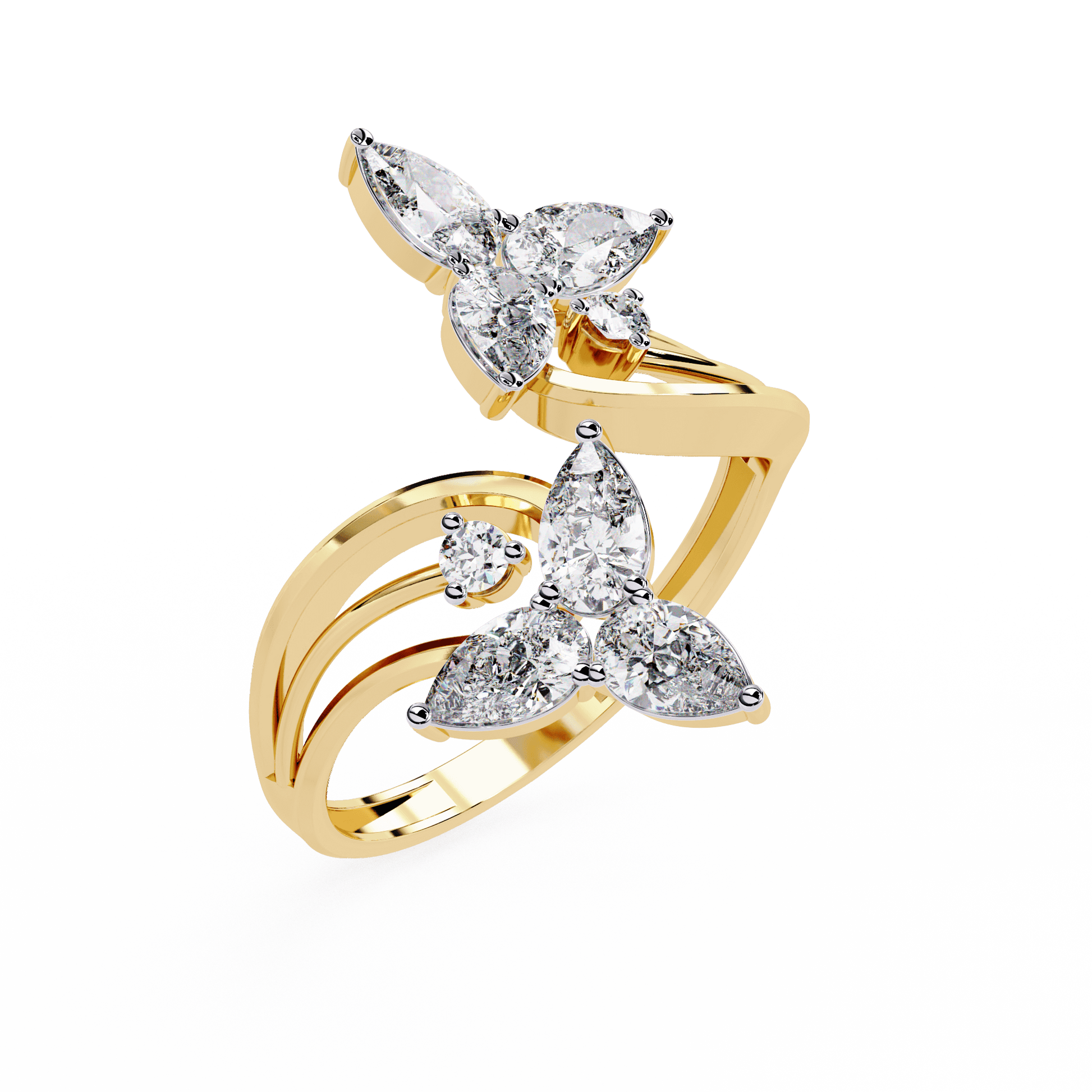 Alora floral diamond ring with pear-shaped stones and split band by Carat House Dubai, showcasing intricate floral design and sparkling gemstones.