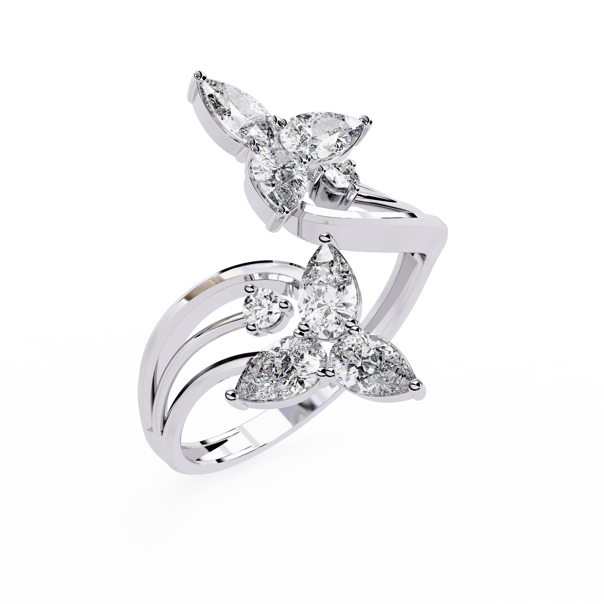 Alora floral diamond ring by Carat House Dubai featuring pear-shaped stones and a split band design.