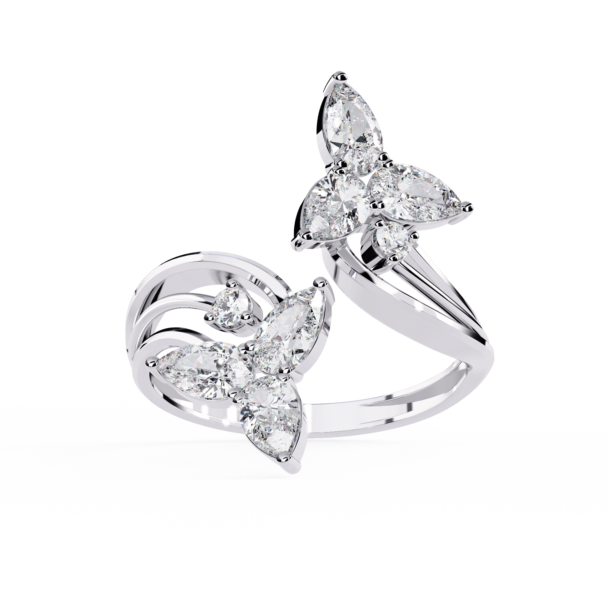 Alora- Floral Diamond Ring with Pear Stones and Split Band — diamond stacking ring — sculptural — lab grown diamond — 18k white gold — Carat House