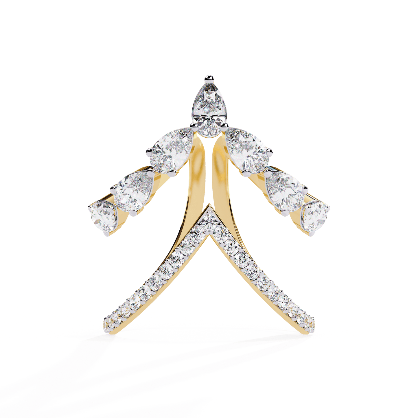 Ivara- Modern Diamond Ring with Open Arrow Silhouette and Pear Stones — diamond stacking ring — pavé — lab grown diamond — 18k yellow gold — Carat House