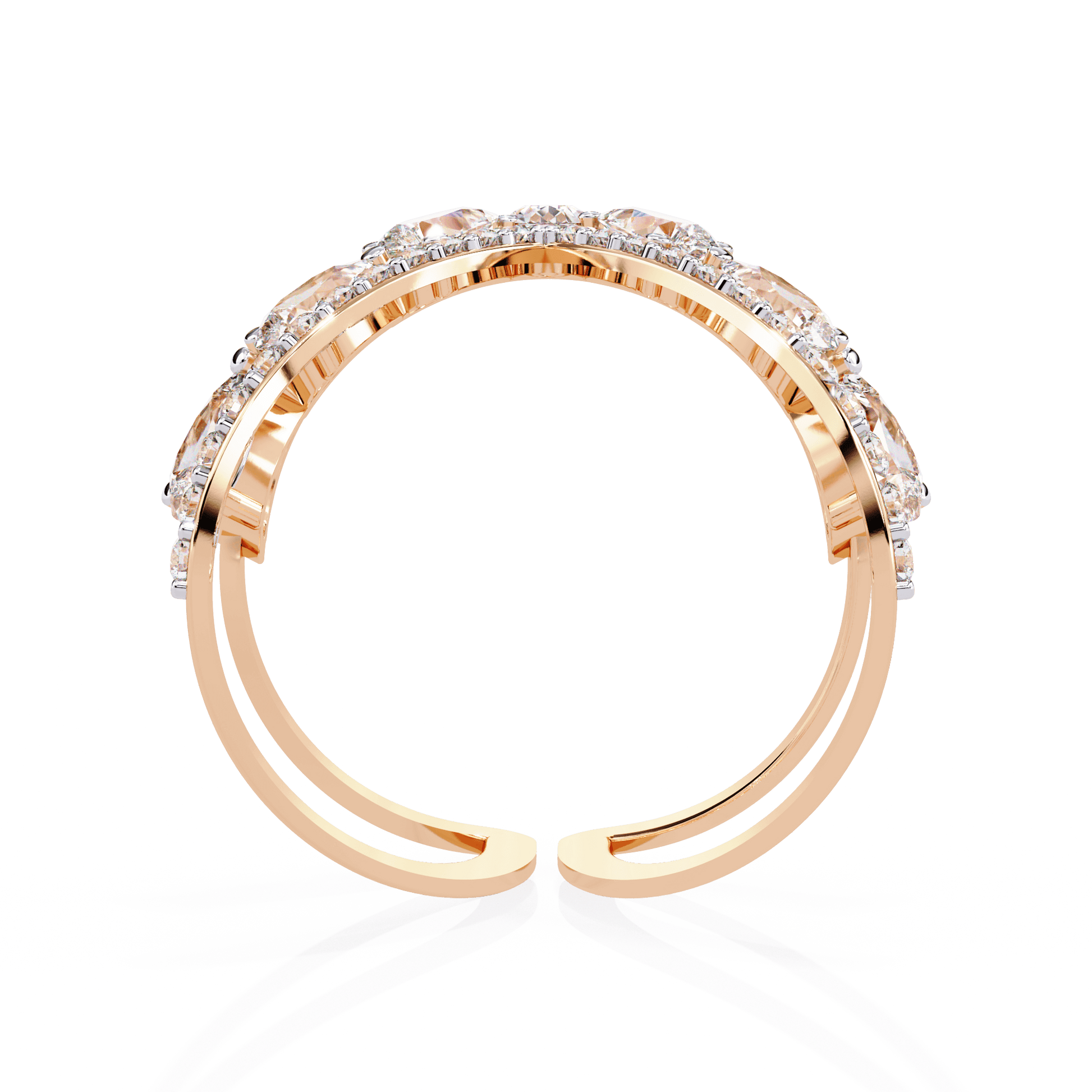 Modern diamond ring featuring open arrow silhouette and pear-shaped stones by Carat House Dubai.