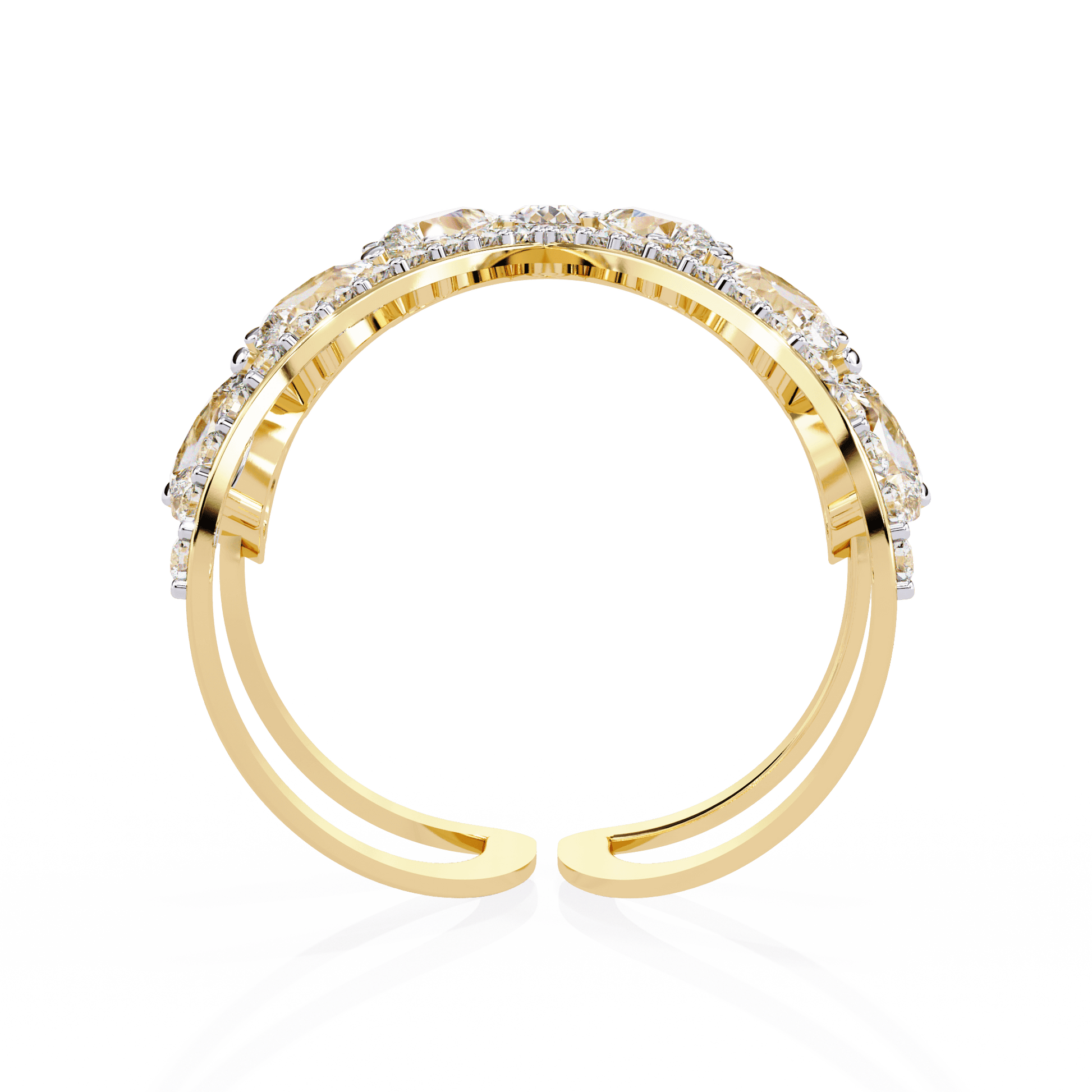 Modern diamond ring by Carat House Dubai featuring an open arrow silhouette and pear-shaped stones.