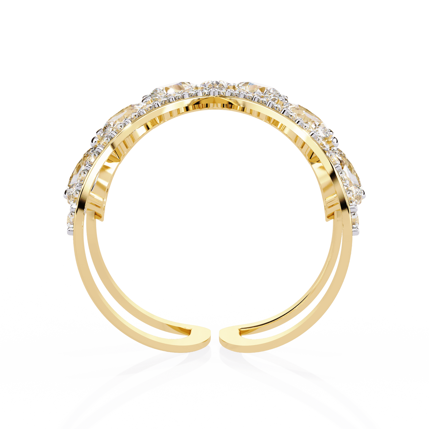 Modern diamond ring by Carat House Dubai featuring an open arrow silhouette and pear-shaped stones.