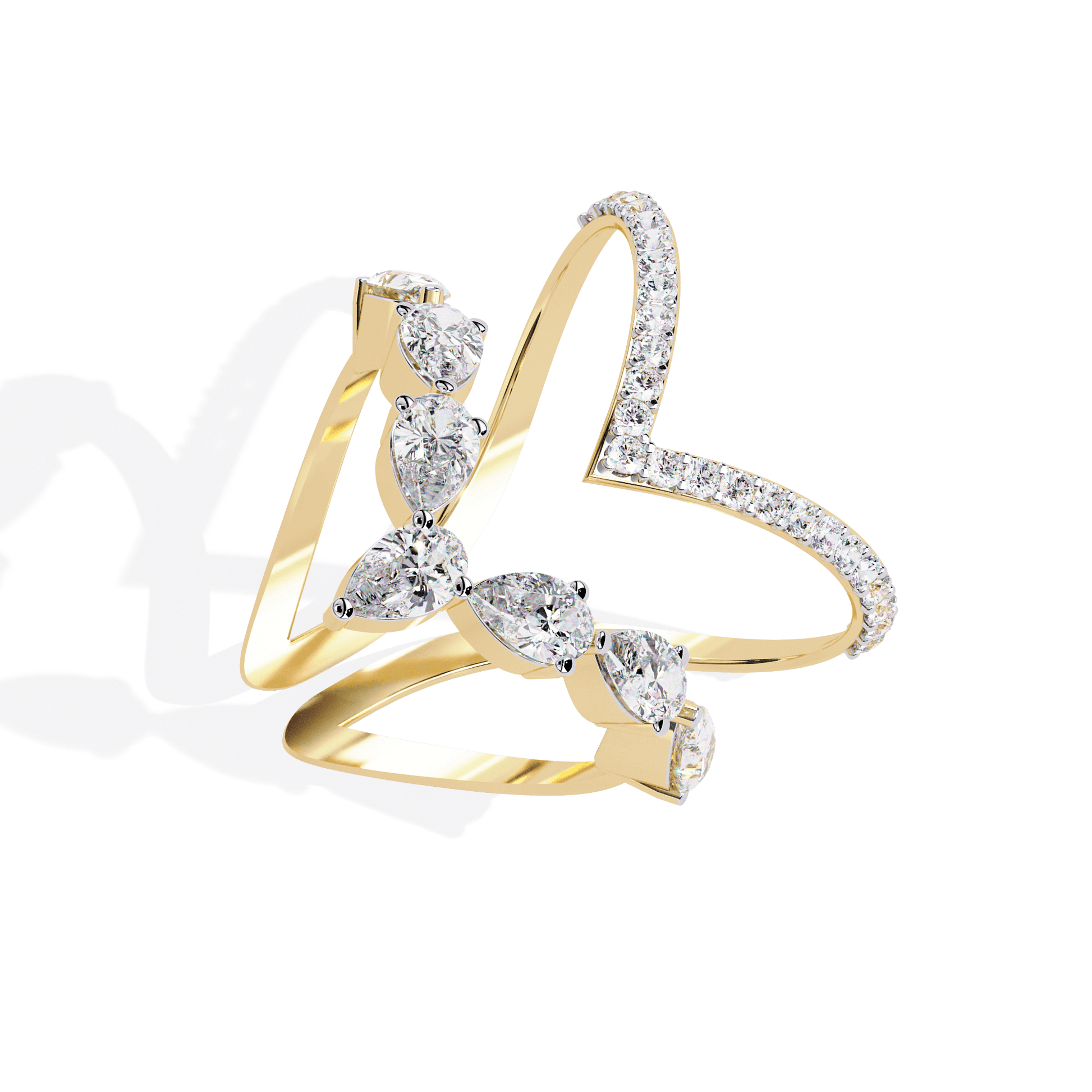 Modern diamond ring by Carat House Dubai featuring an open arrow silhouette with pear-shaped stones.