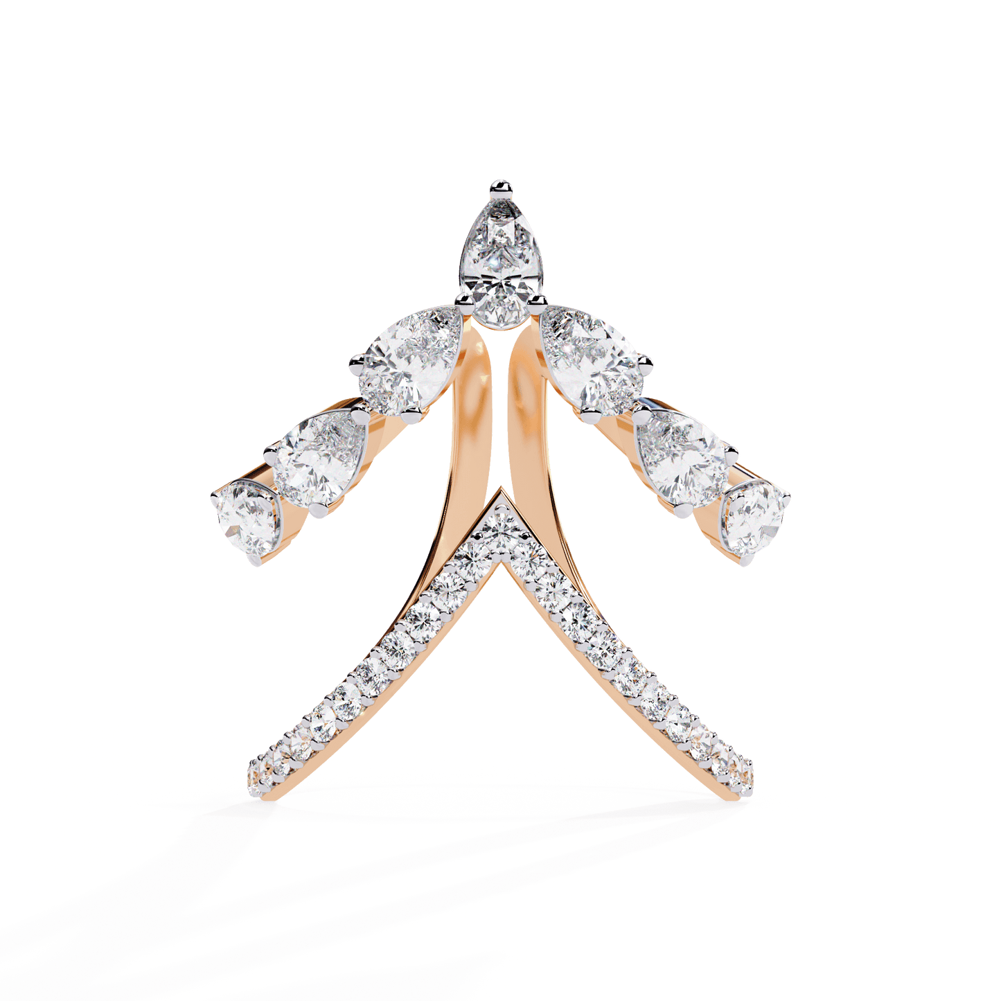 Ivara- Modern Diamond Ring with Open Arrow Silhouette and Pear Stones — diamond stacking ring — pavé — lab grown diamond — 18k rose gold — Carat House