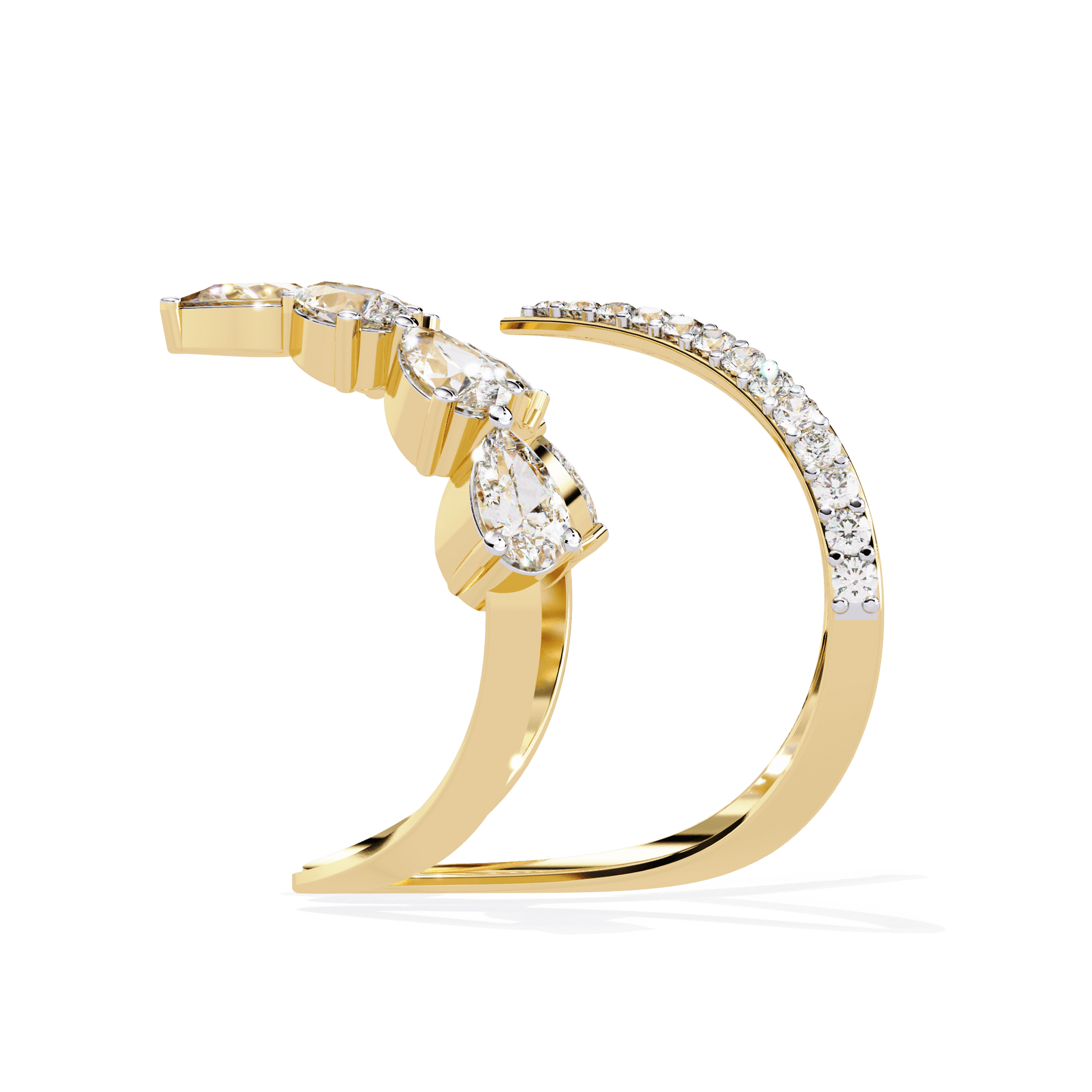 Modern diamond ring by Carat House Dubai featuring an open arrow silhouette and pear-shaped stones.