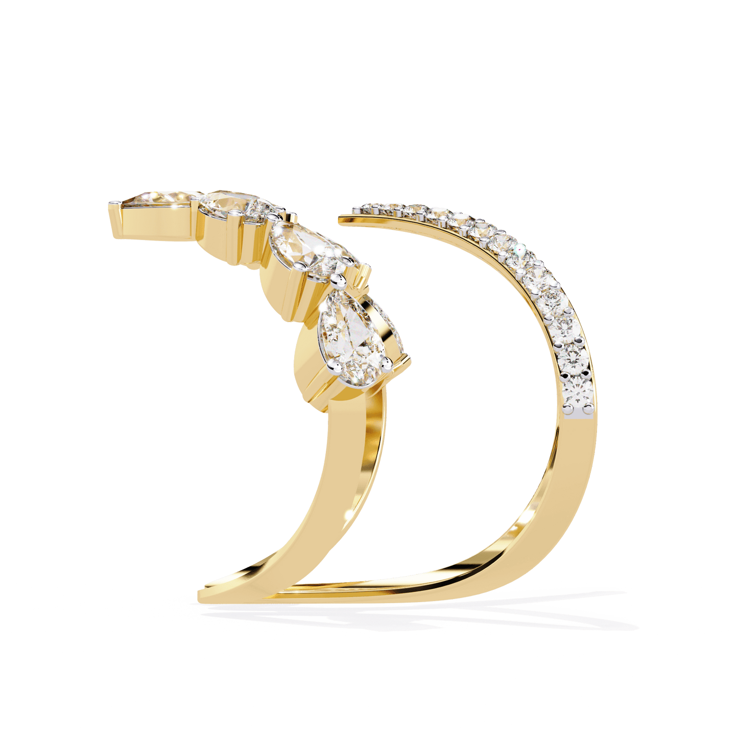 Modern diamond ring by Carat House Dubai featuring an open arrow silhouette and pear-shaped stones.